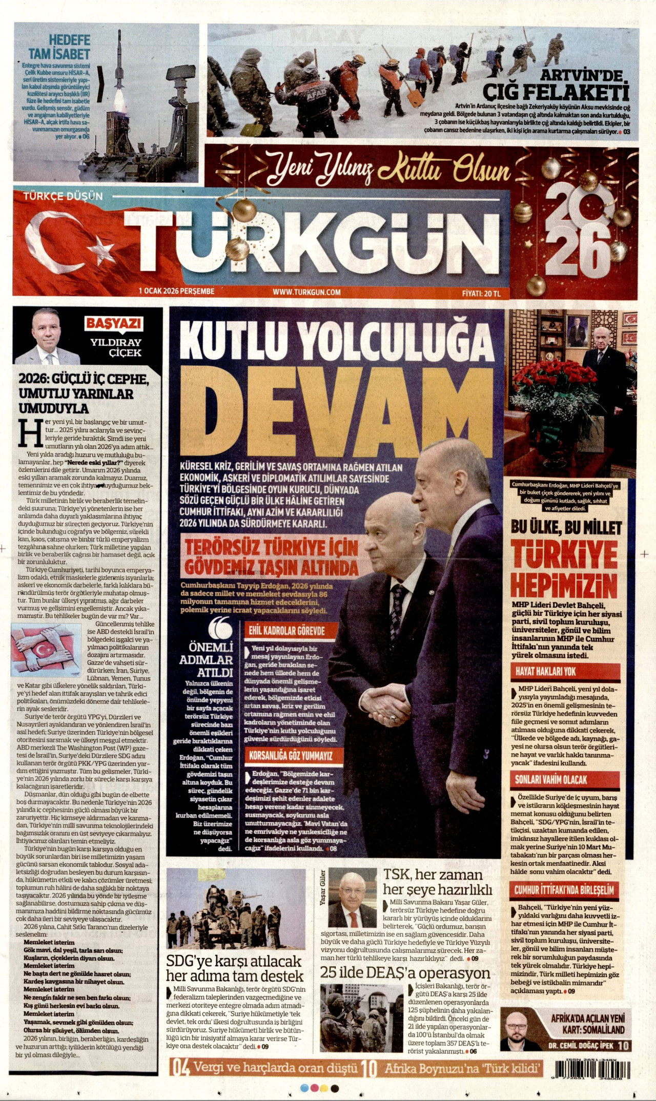 TÜRKGÜN gazetesinin 1 Ocak 2026 tarihli birinci sayfası