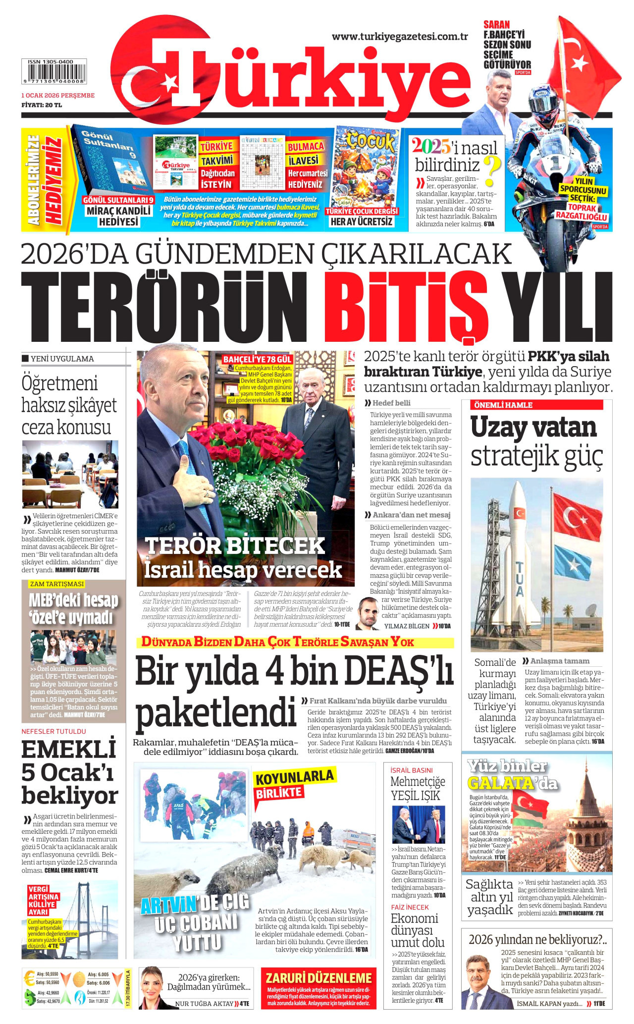 TÜRKİYE GAZETESİ gazetesinin 1 Ocak 2026 tarihli birinci sayfası