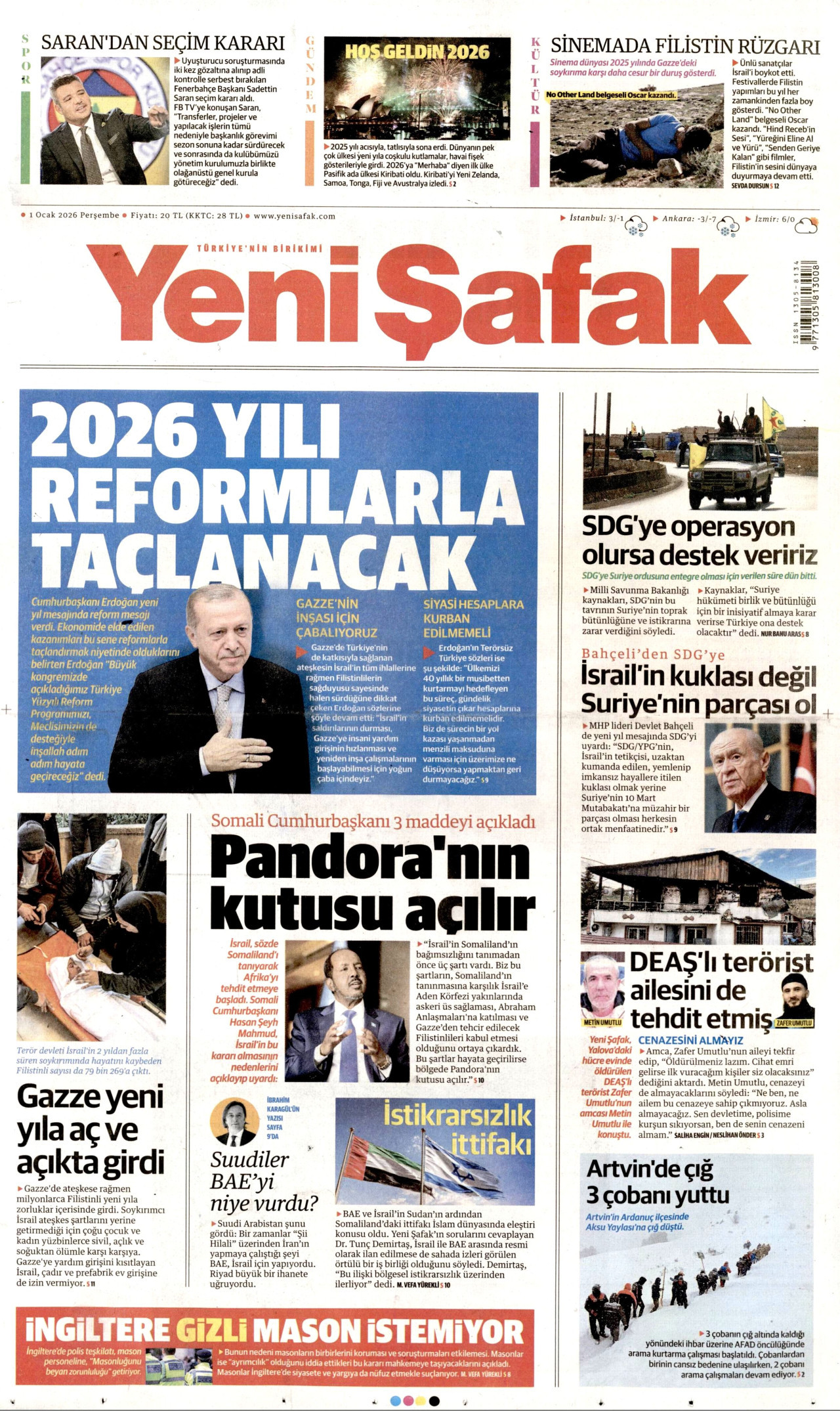 YENİ ŞAFAK gazetesinin 1 Ocak 2026 tarihli birinci sayfası