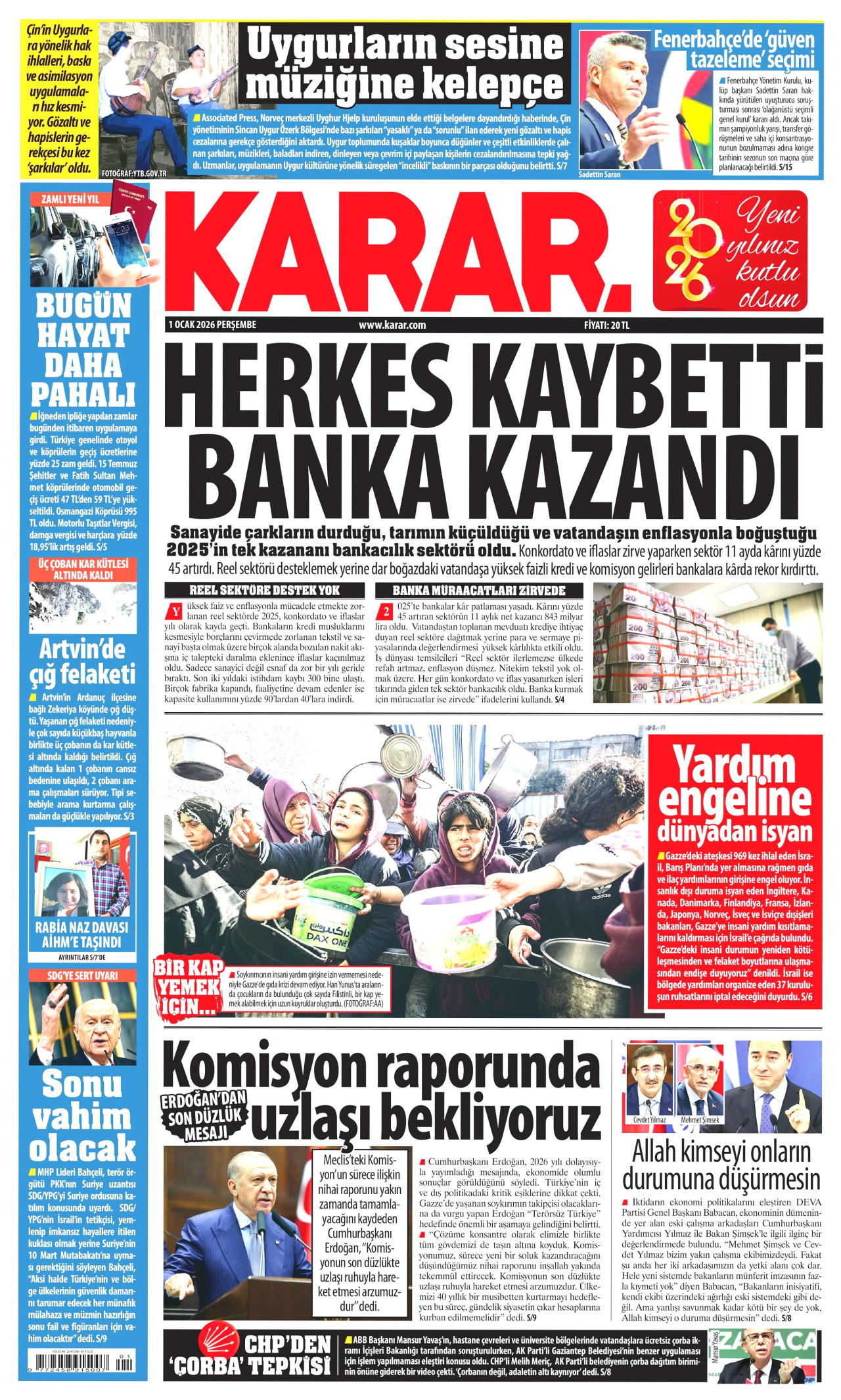 KARAR gazetesinin 1 Ocak 2026 tarihli birinci sayfası