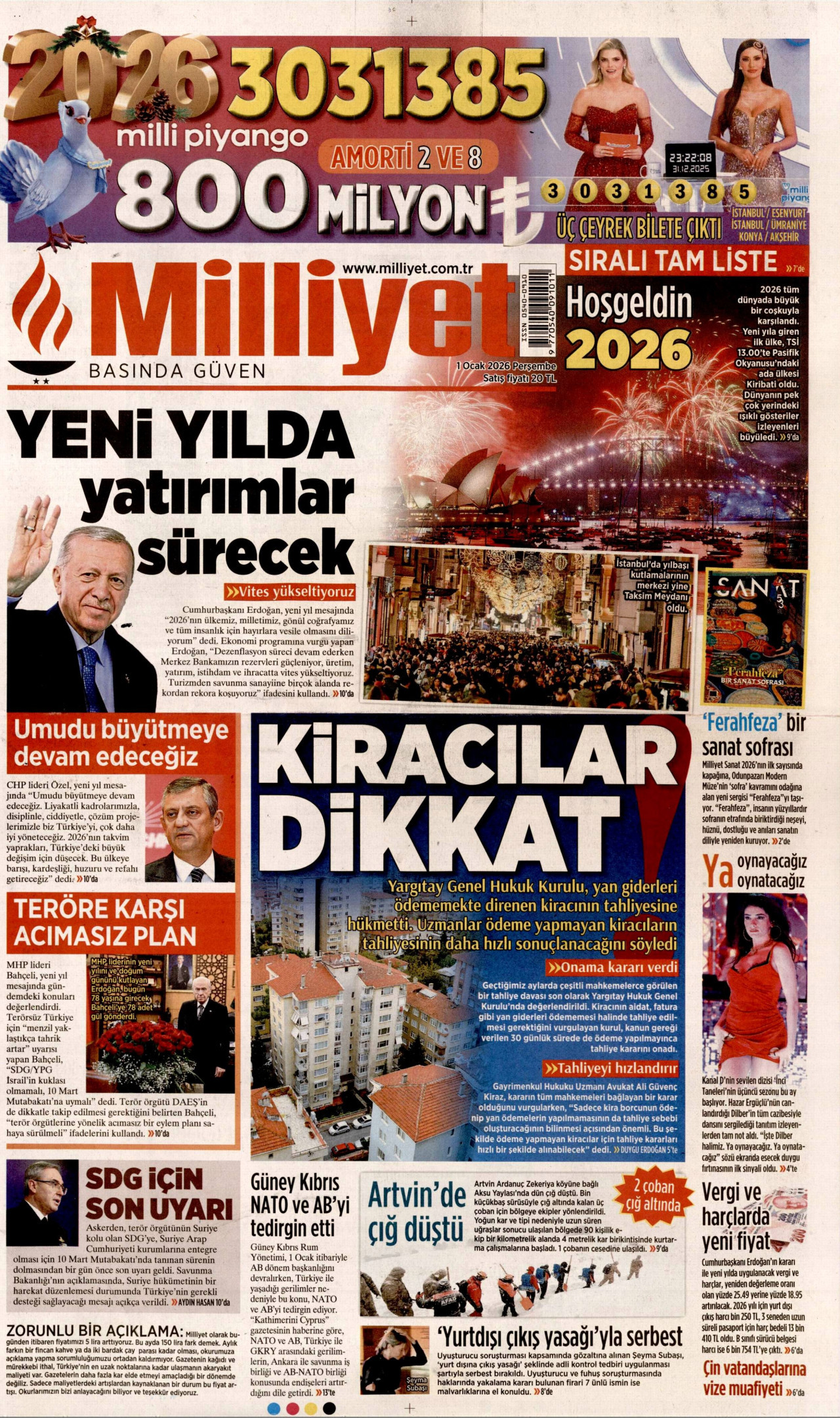 MİLLİYET gazetesinin 1 Ocak 2026 tarihli birinci sayfası