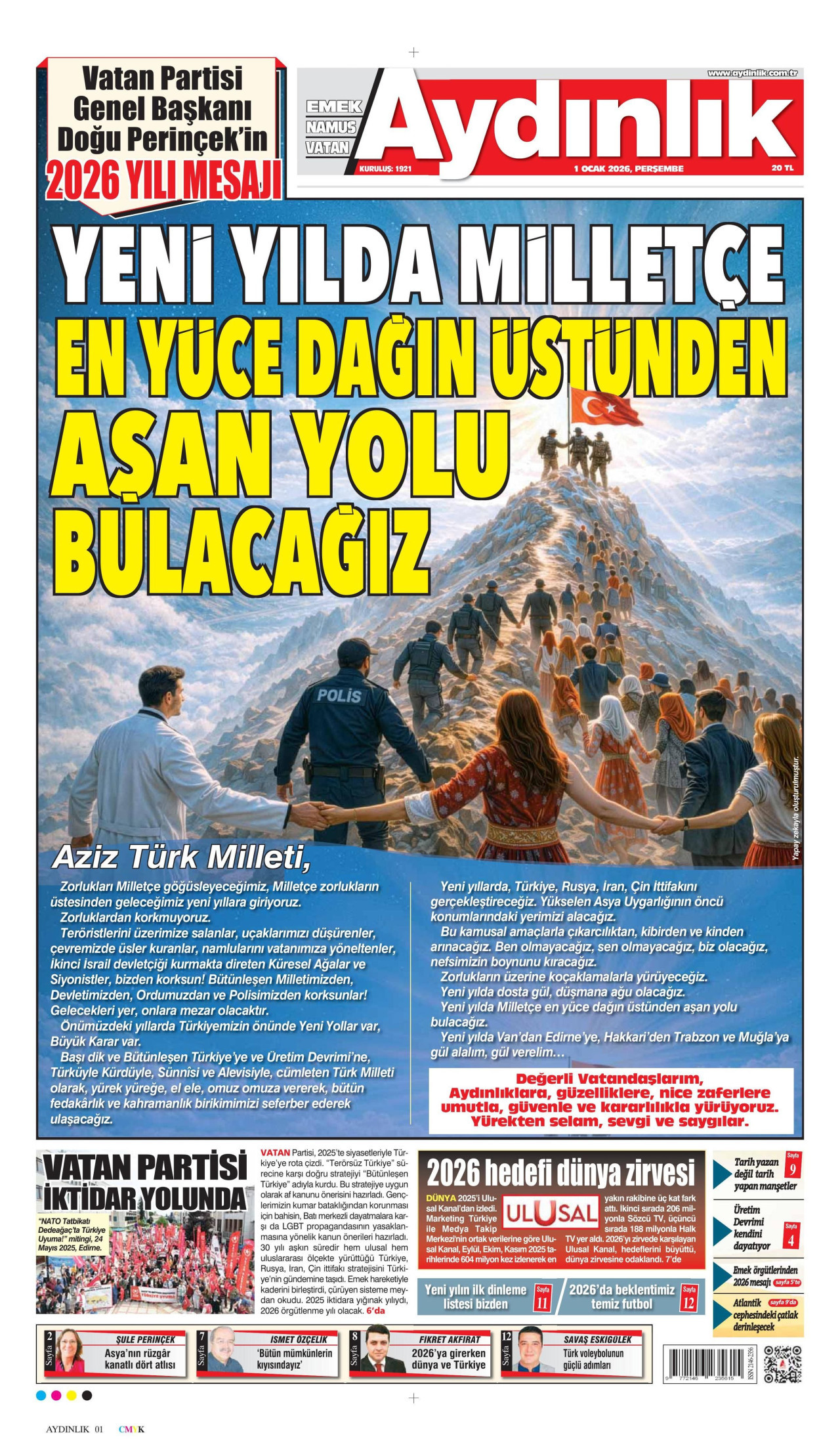 AYDINLIK GAZETESİ gazetesinin 1 Ocak 2026 tarihli birinci sayfası
