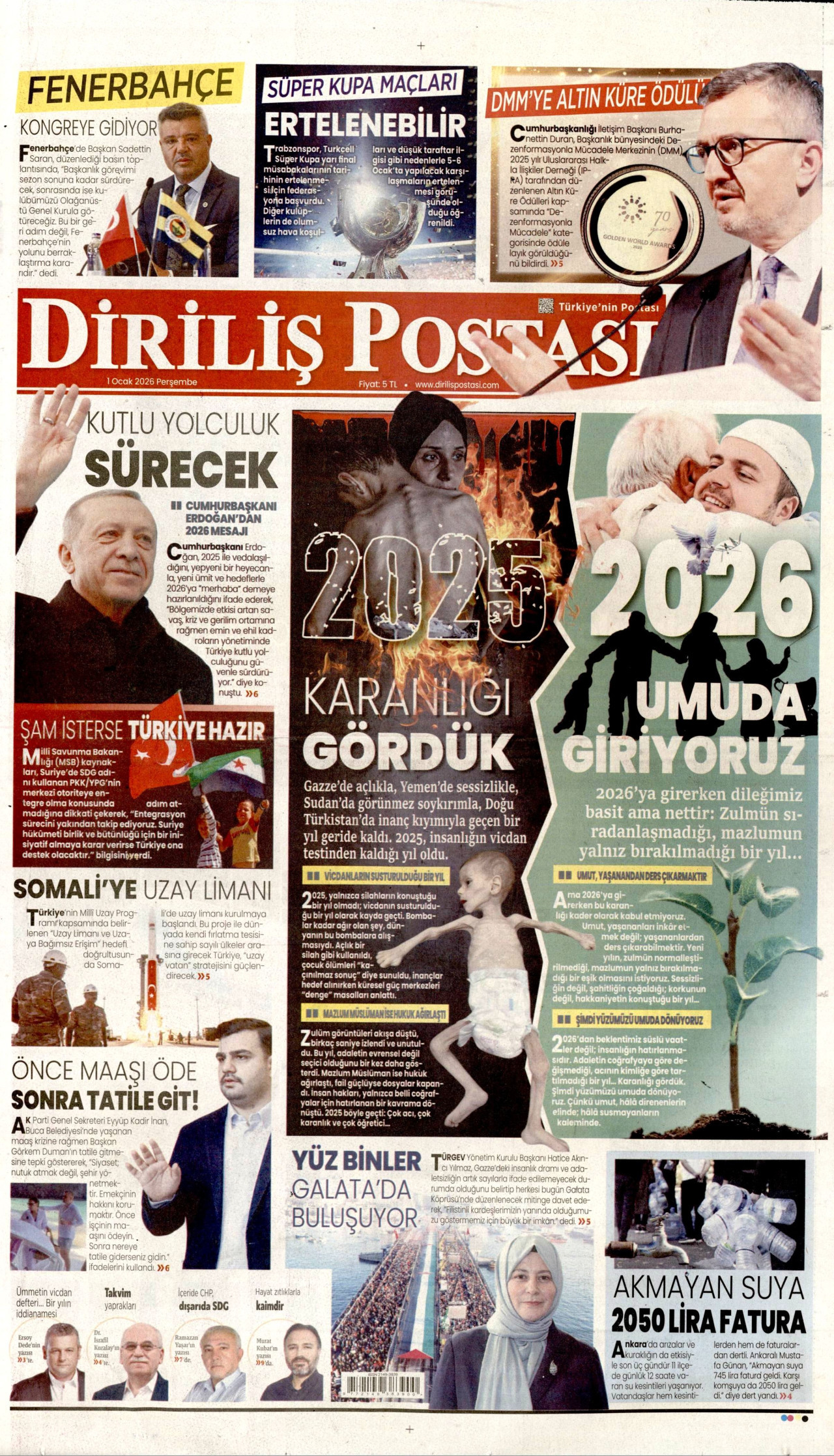 DİRİLİŞ POSTASI gazetesinin 1 Ocak 2026 tarihli birinci sayfası