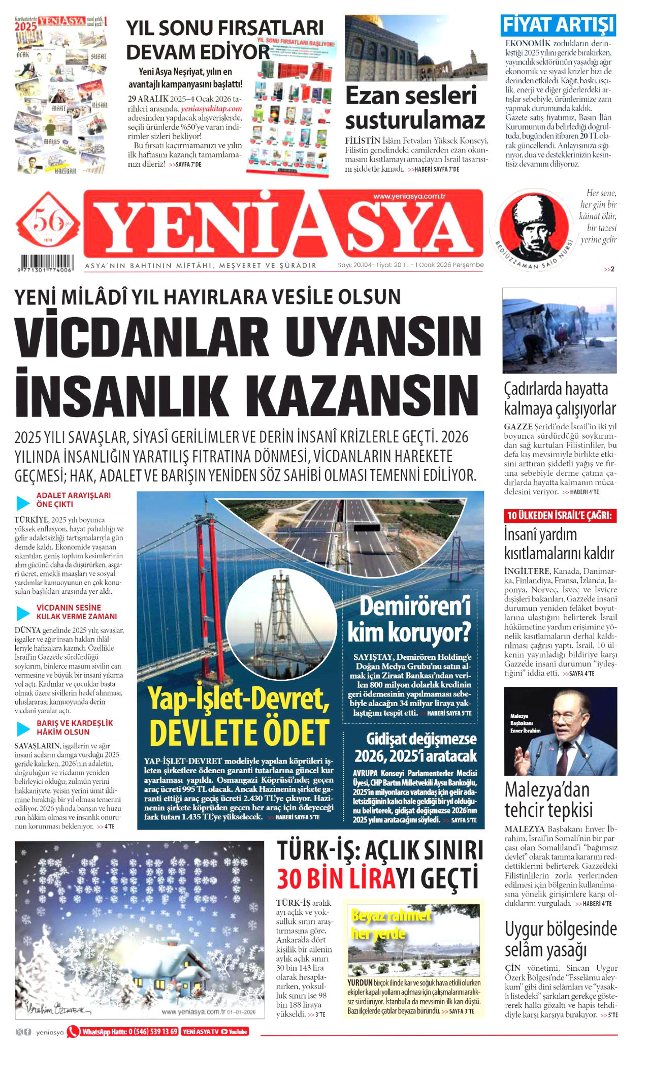 YENİ ASYA gazetesinin 1 Ocak 2026 tarihli birinci sayfası