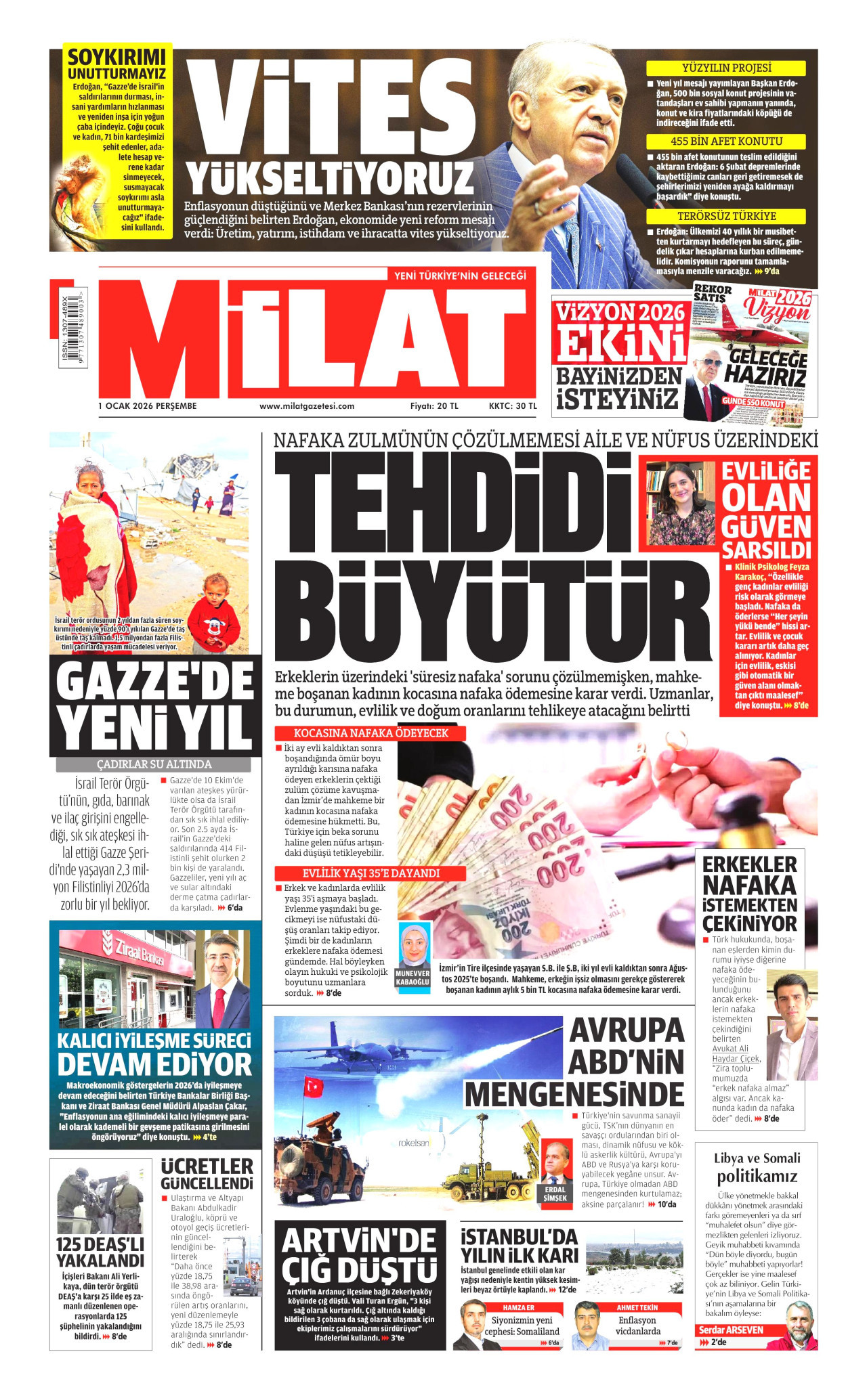 MİLAT gazetesinin 1 Ocak 2026 tarihli birinci sayfası