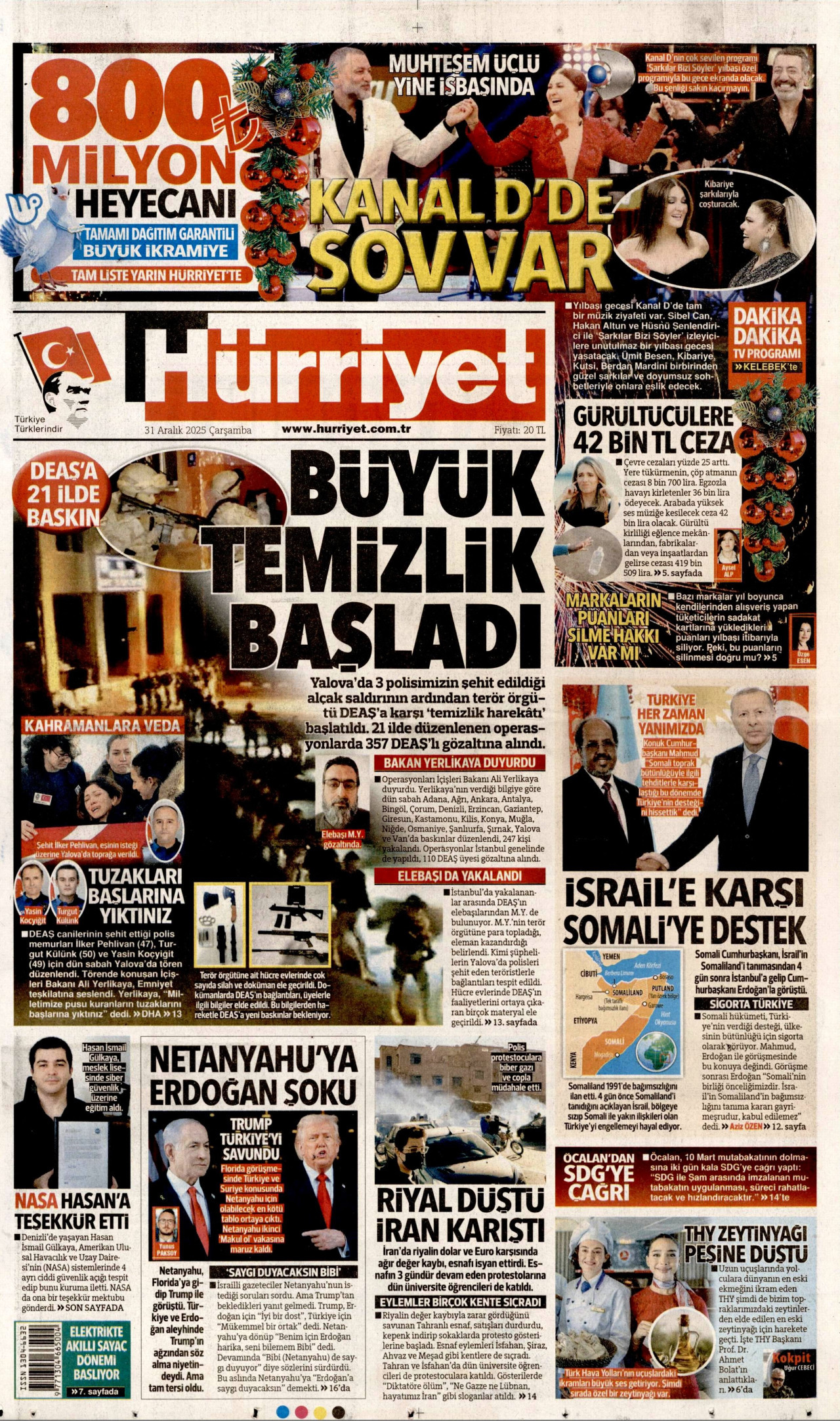 HÜRRİYET gazetesinin 31 Aralık 2025 tarihli birinci sayfası