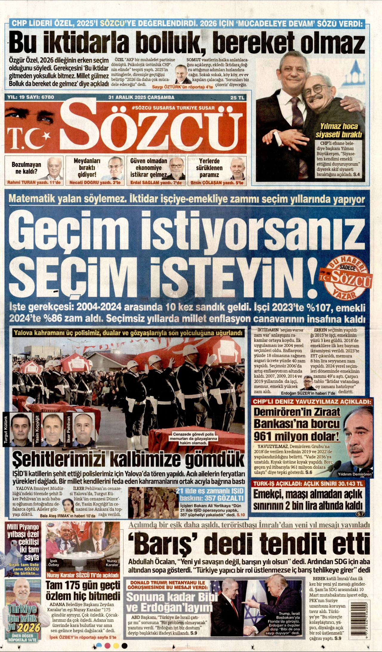 SÖZCÜ gazetesinin 31 Aralık 2025 tarihli birinci sayfası