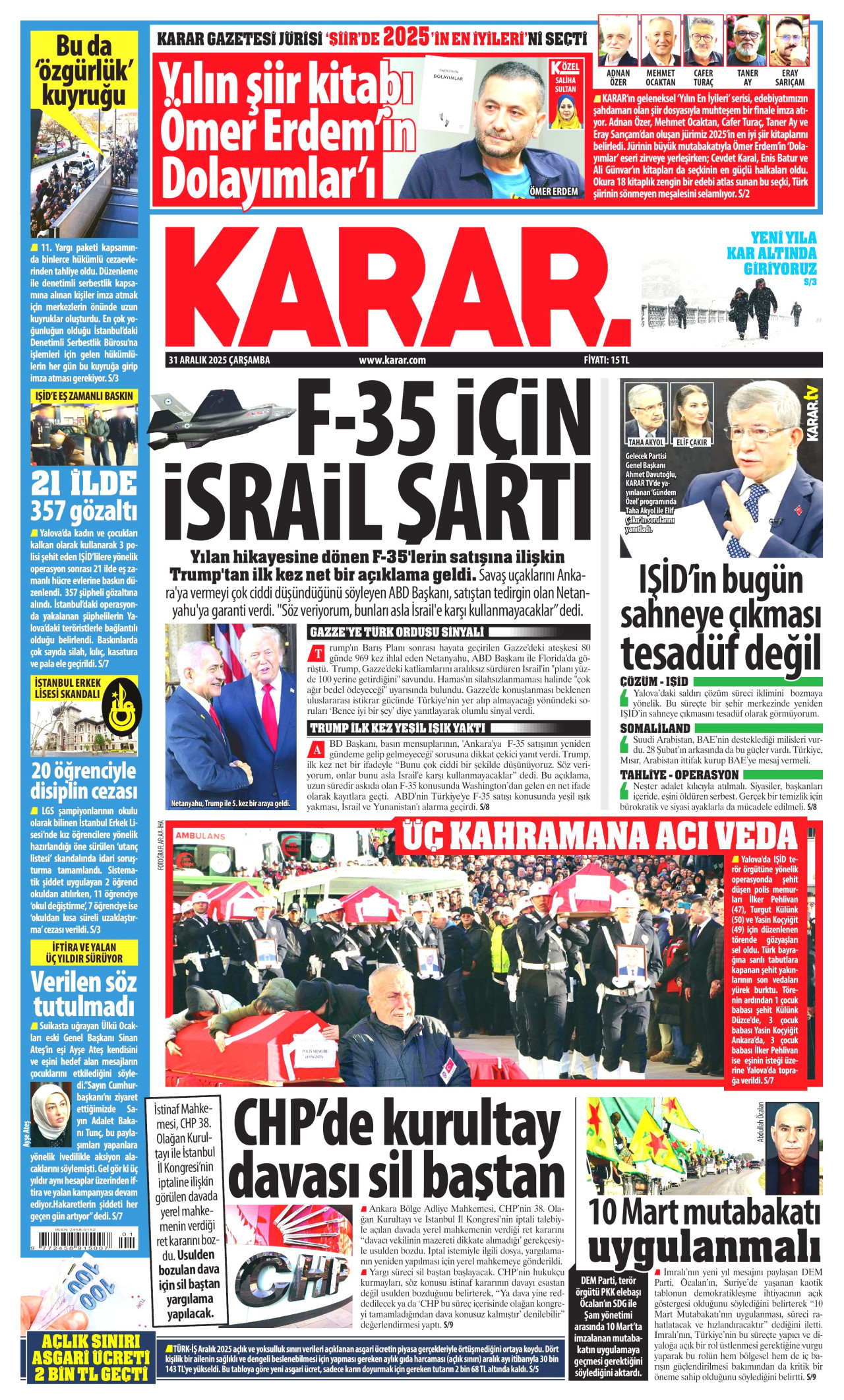 KARAR gazetesinin 31 Aralık 2025 tarihli birinci sayfası