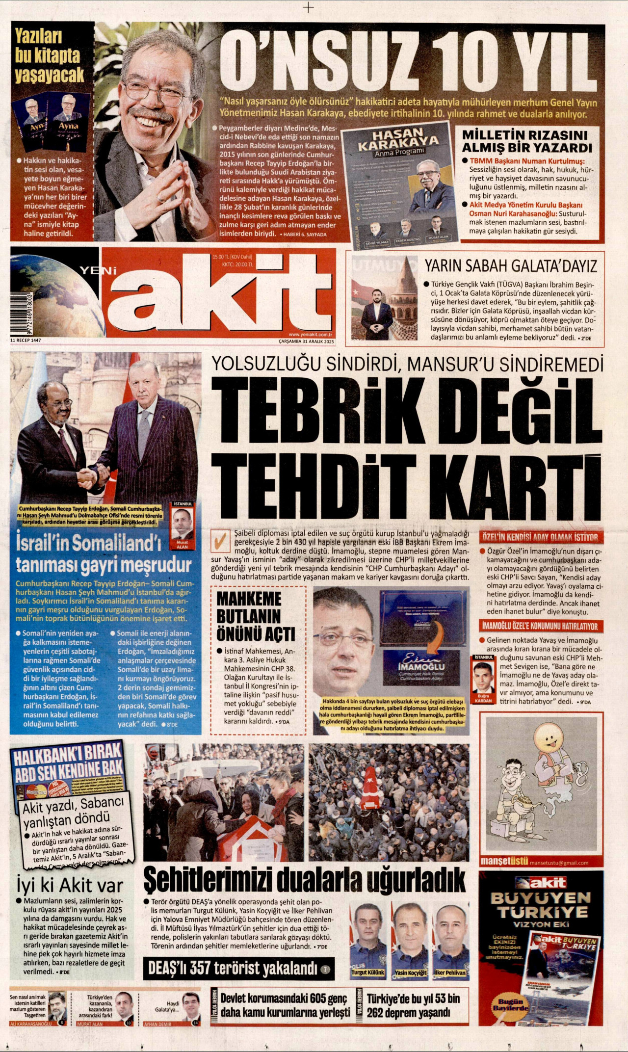 YENİ AKİT gazetesinin 31 Aralık 2025 tarihli birinci sayfası