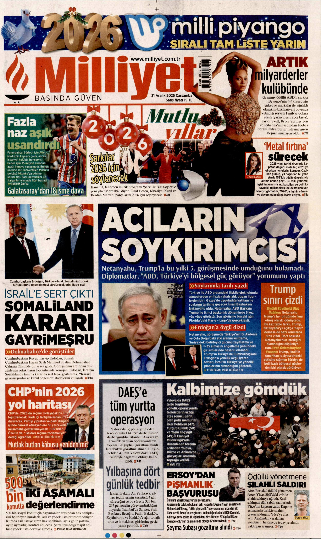 MİLLİYET gazetesinin 31 Aralık 2025 tarihli birinci sayfası
