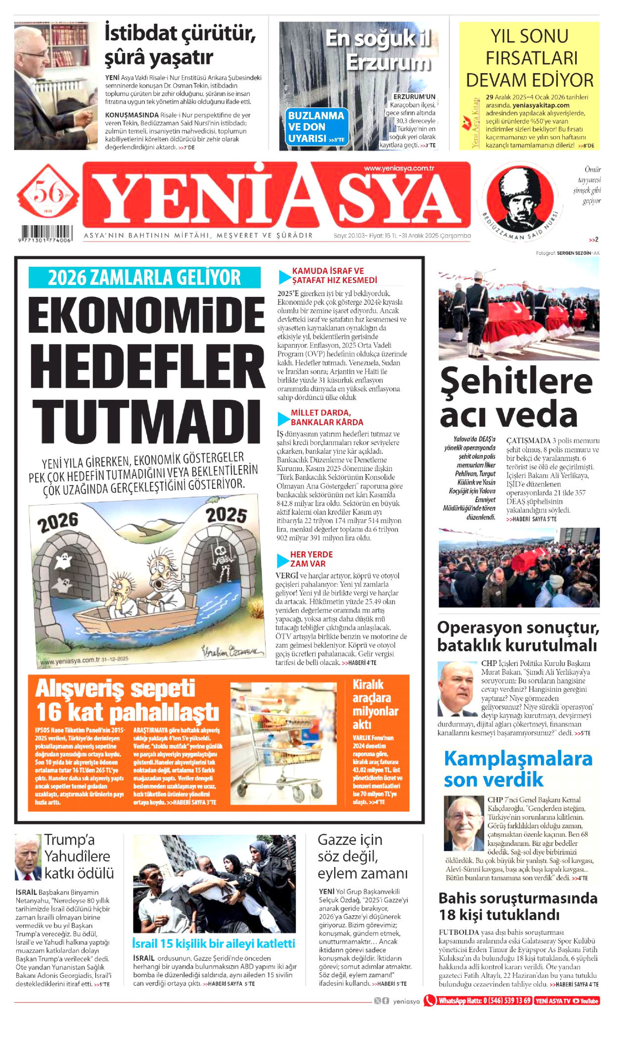 YENİ ASYA gazetesinin 31 Aralık 2025 tarihli birinci sayfası
