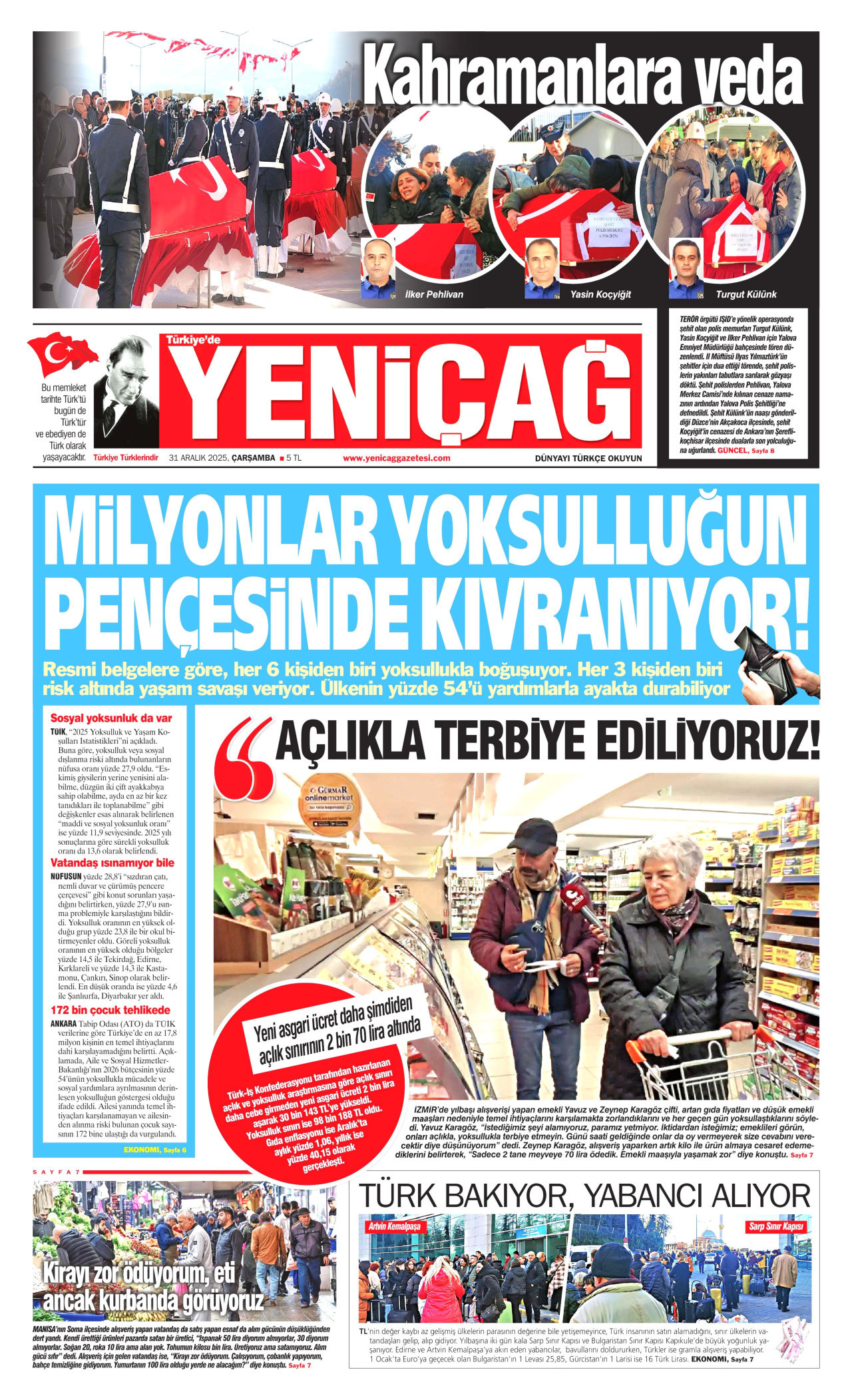 YENİÇAĞ gazetesinin 31 Aralık 2025 tarihli birinci sayfası