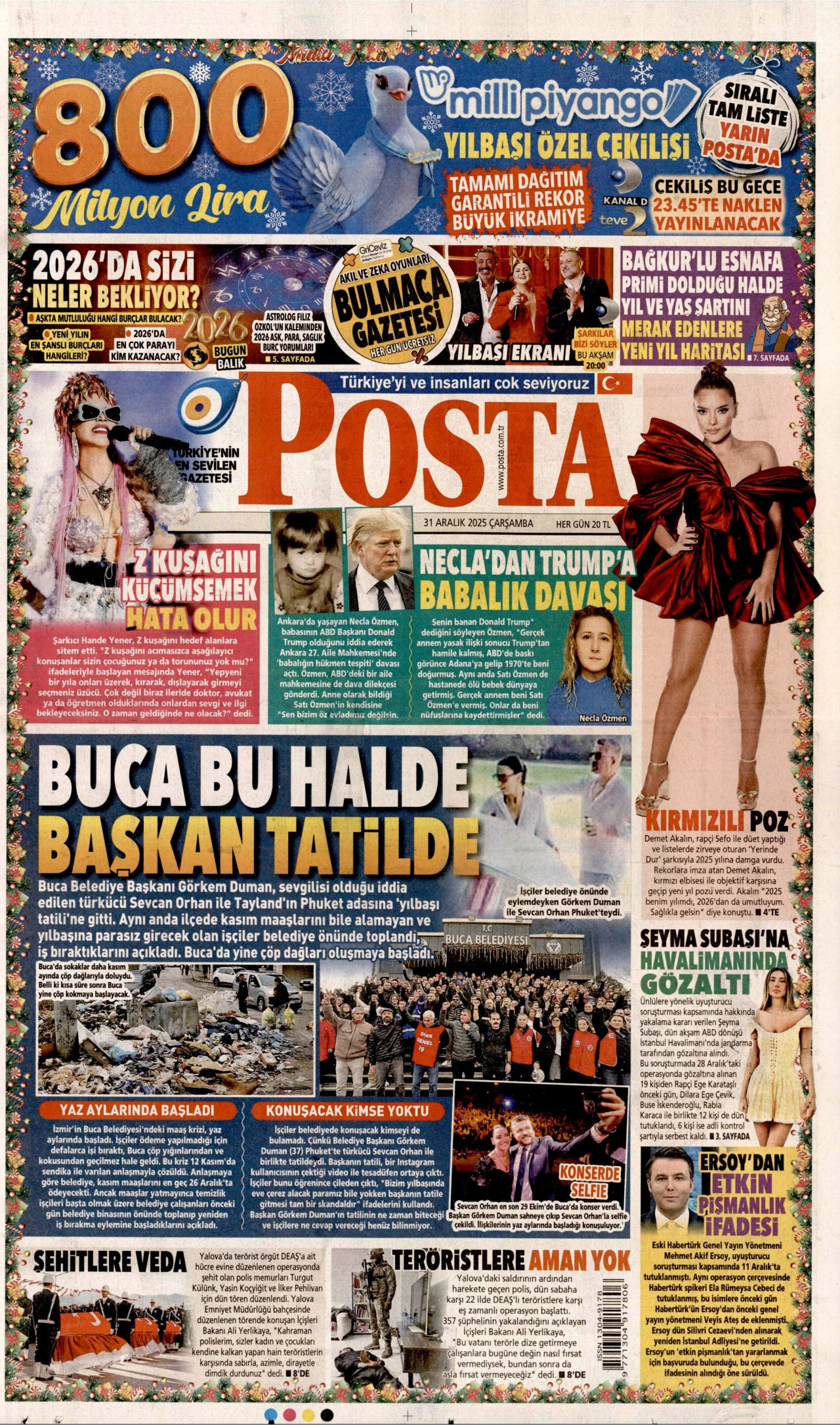 POSTA gazetesinin 31 Aralık 2025 tarihli birinci sayfası