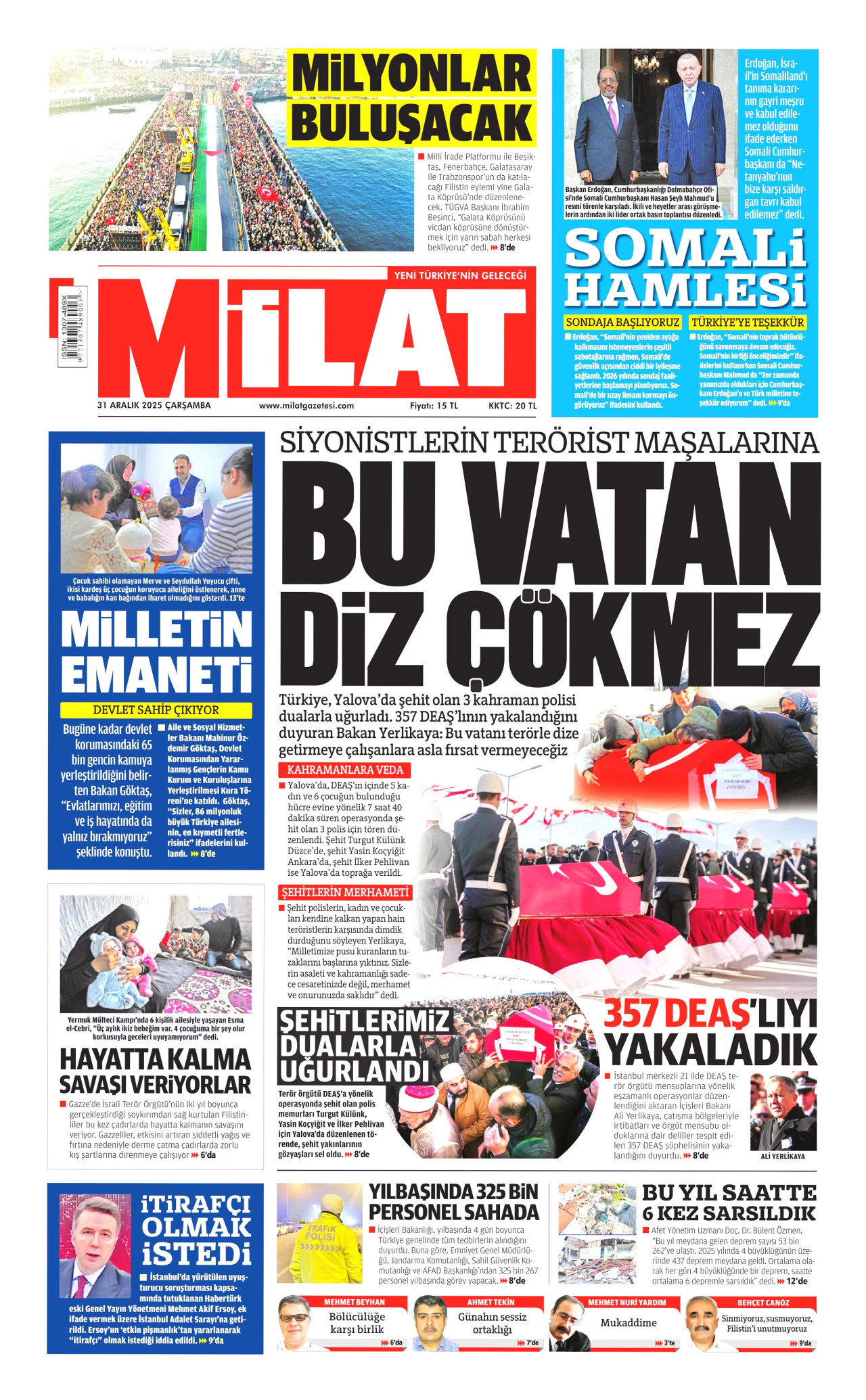 MİLAT gazetesinin 31 Aralık 2025 tarihli birinci sayfası
