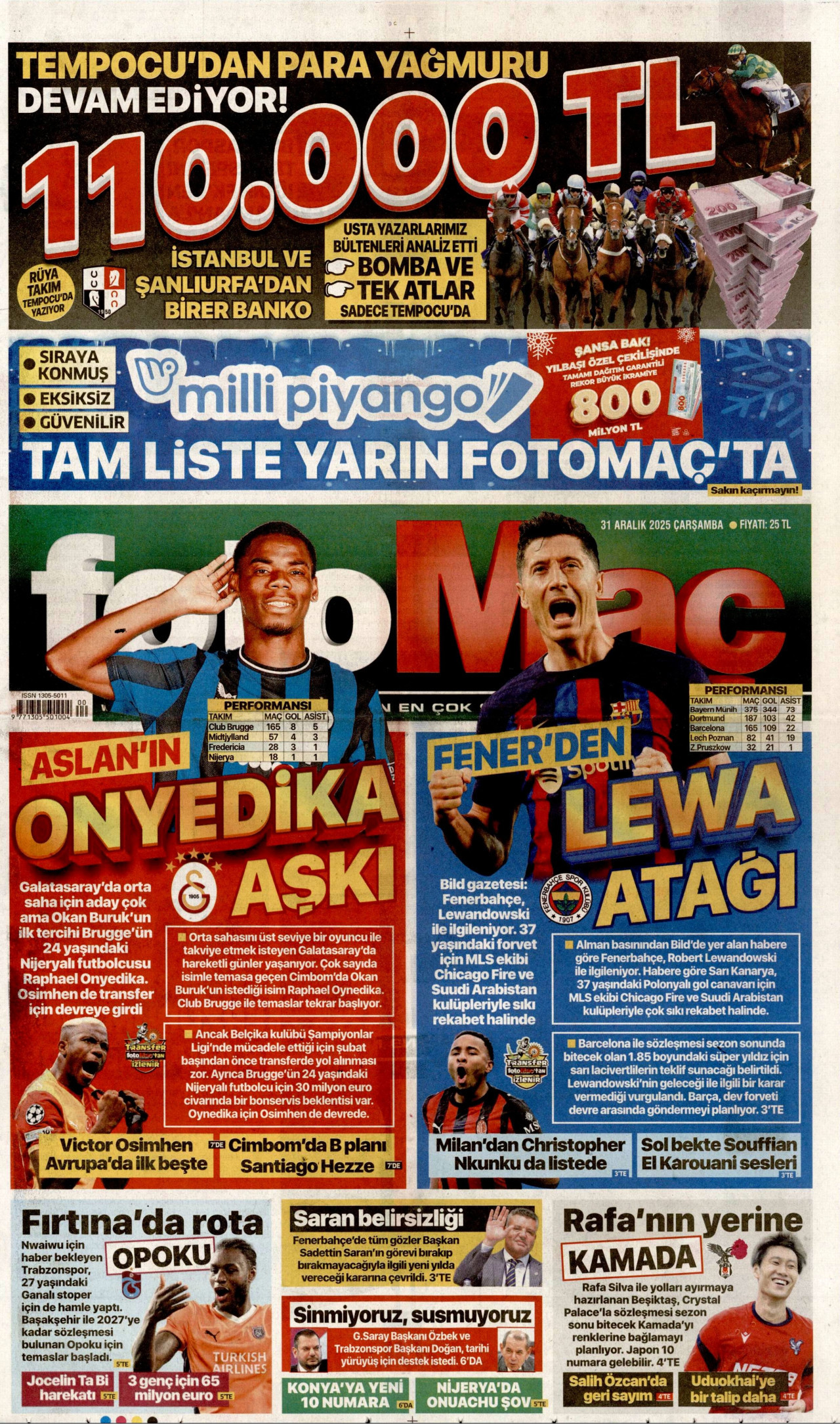 FOTOMAÇ gazetesinin 31 Aralık 2025 tarihli birinci sayfası