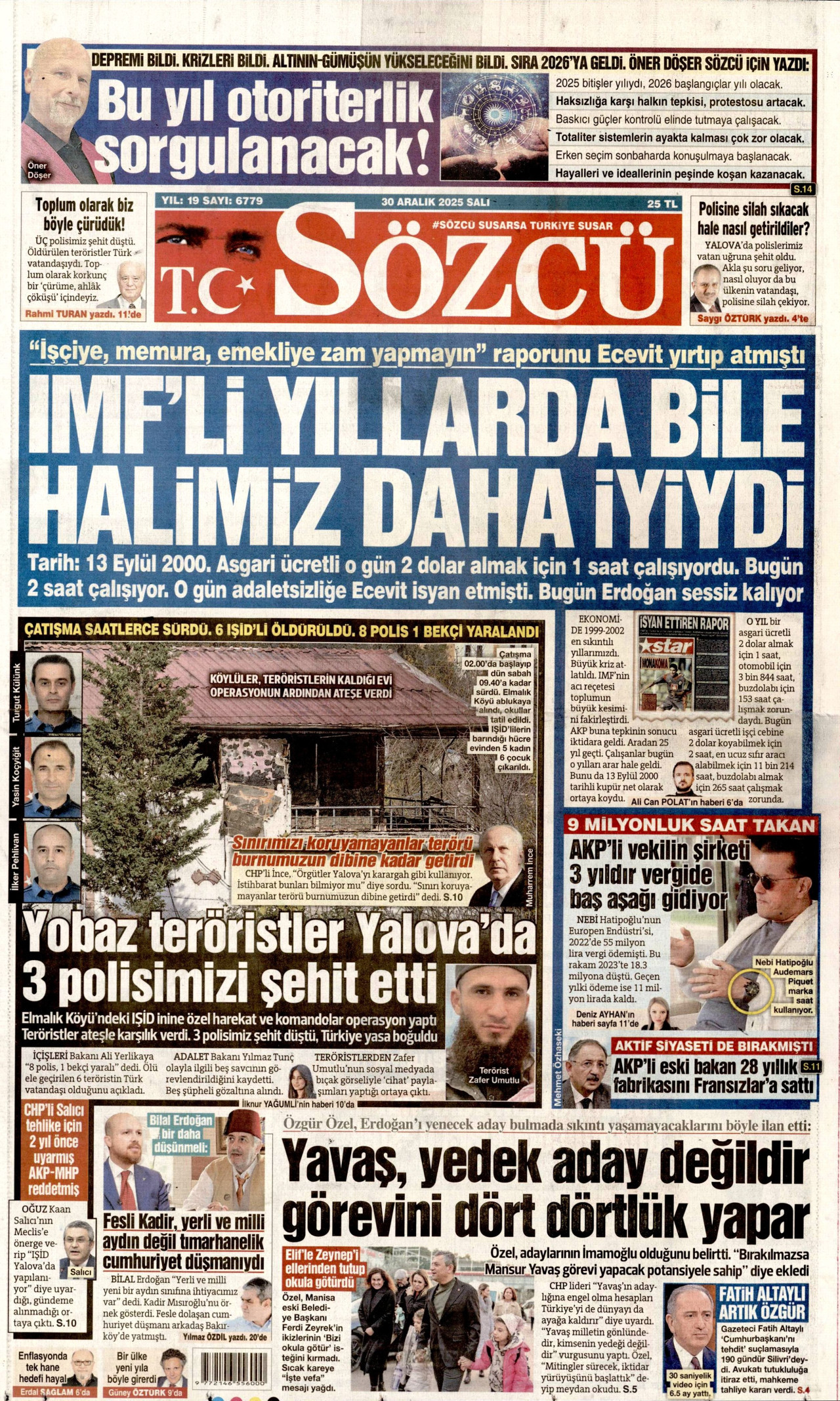 SÖZCÜ gazetesinin 30 Aralık 2025 tarihli birinci sayfası