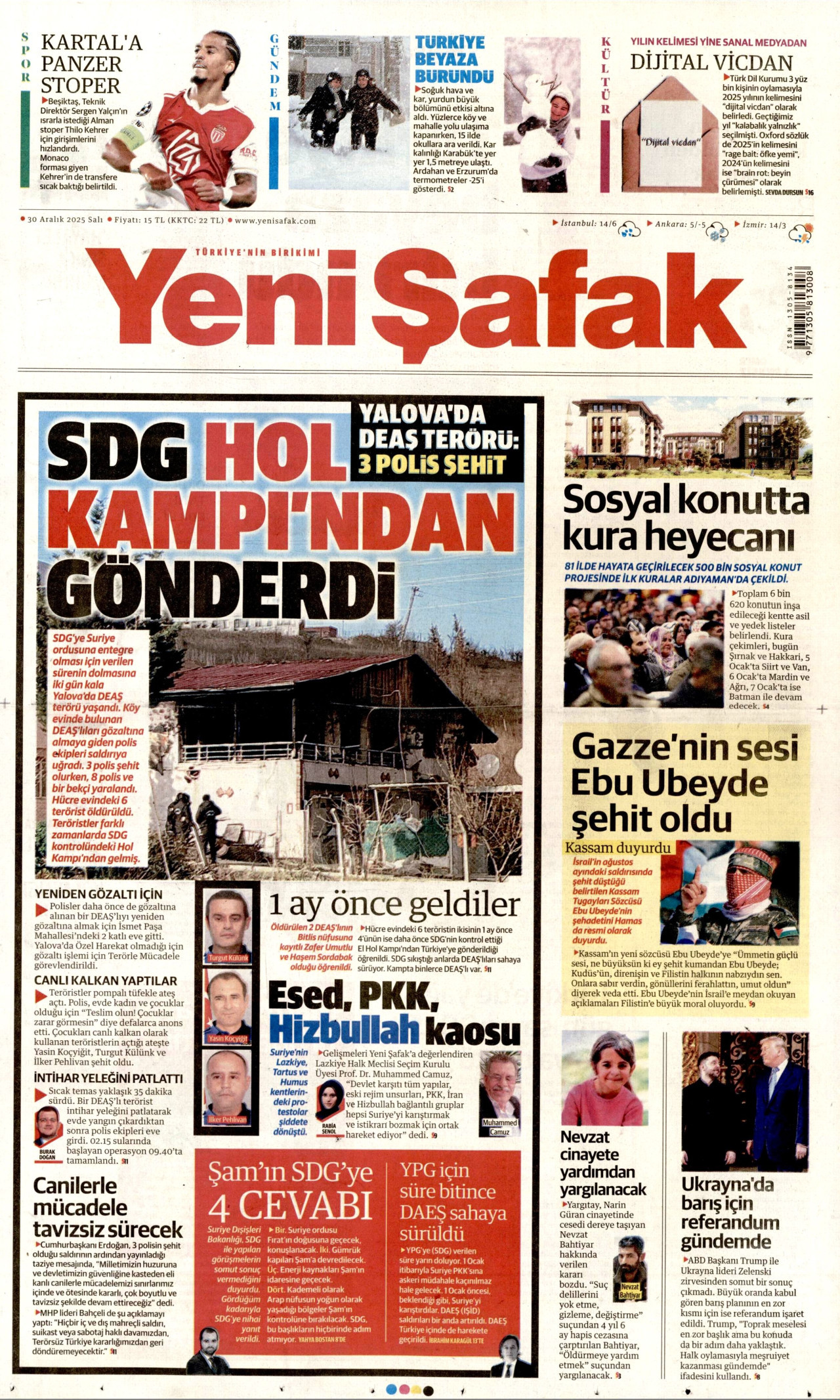 YENİ ŞAFAK gazetesinin 30 Aralık 2025 tarihli birinci sayfası