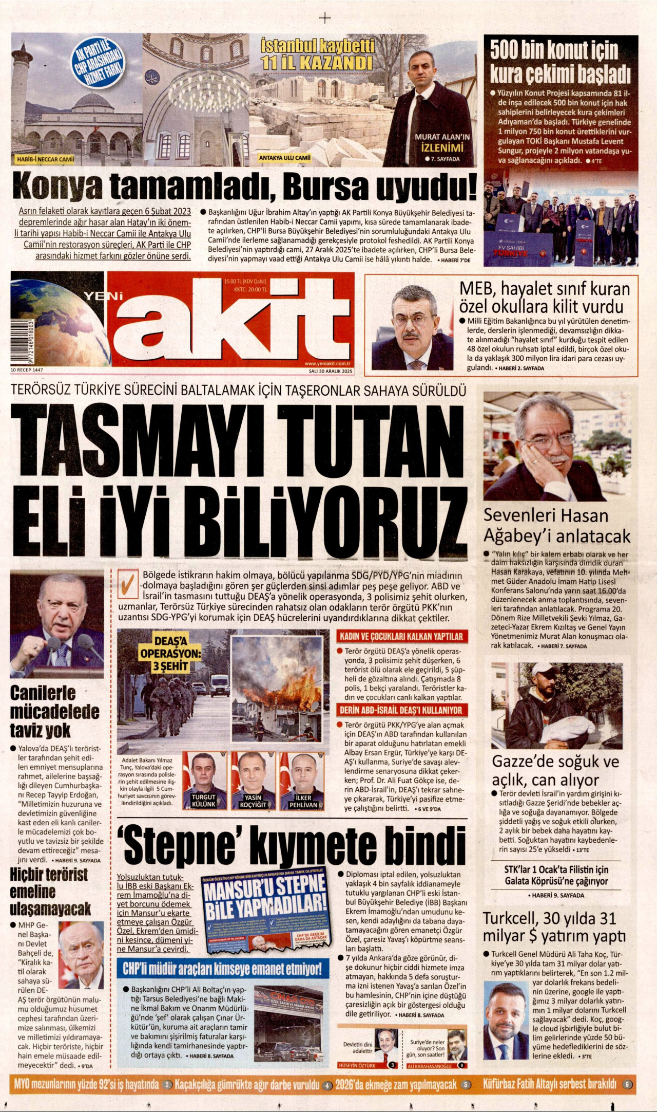 YENİ AKİT gazetesinin 30 Aralık 2025 tarihli birinci sayfası