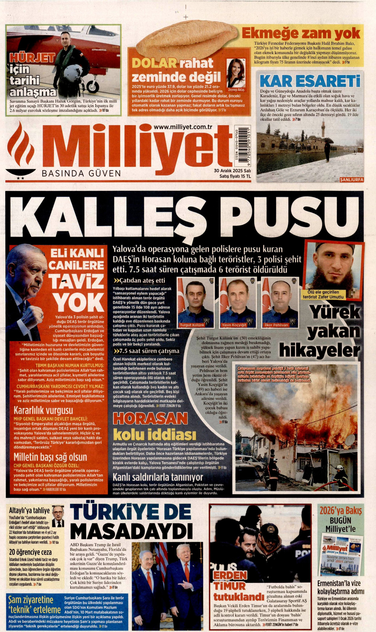 MİLLİYET gazetesinin 30 Aralık 2025 tarihli birinci sayfası