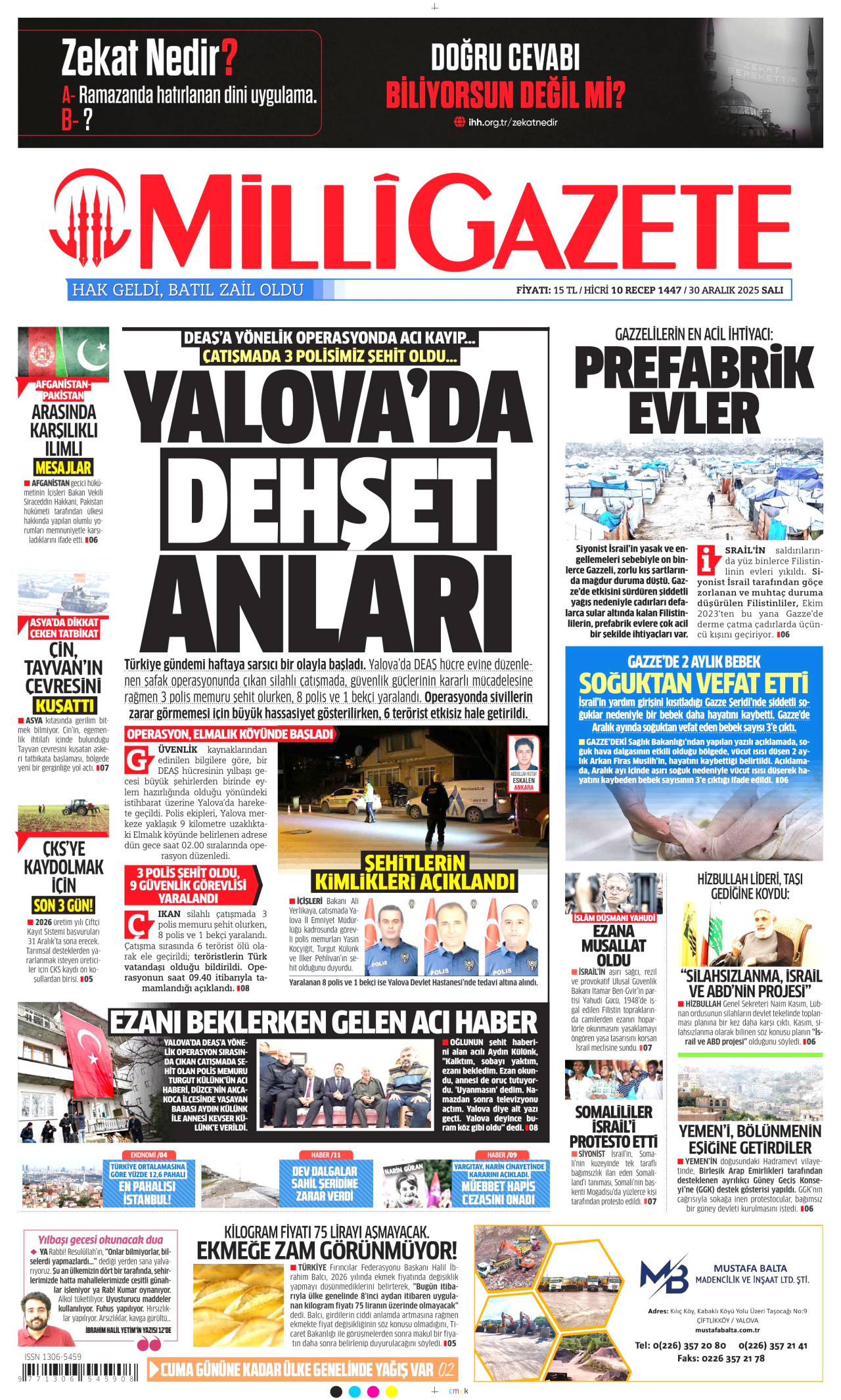 MİLLİ GAZETE gazetesinin 30 Aralık 2025 tarihli birinci sayfası