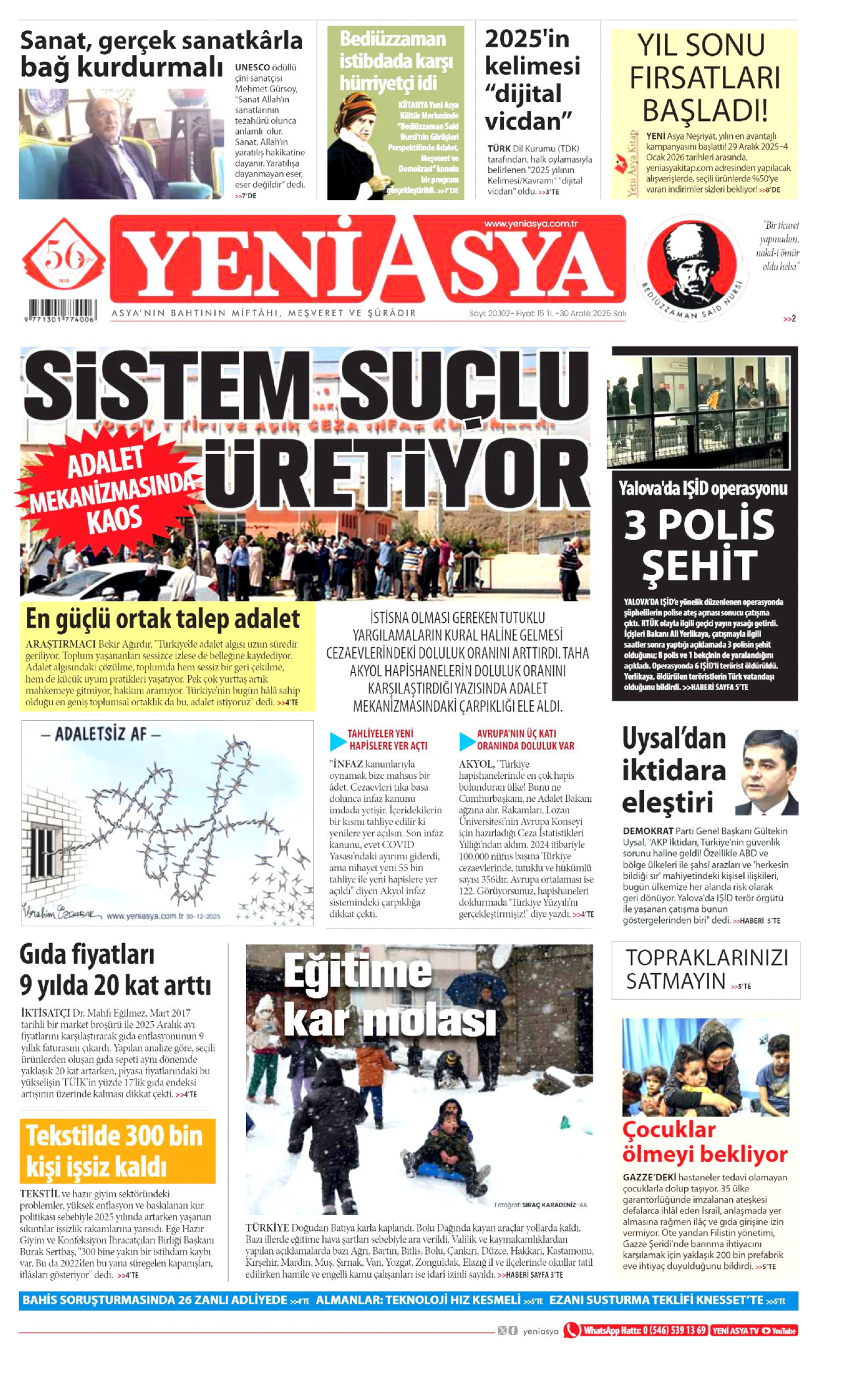 YENİ ASYA gazetesinin 30 Aralık 2025 tarihli birinci sayfası