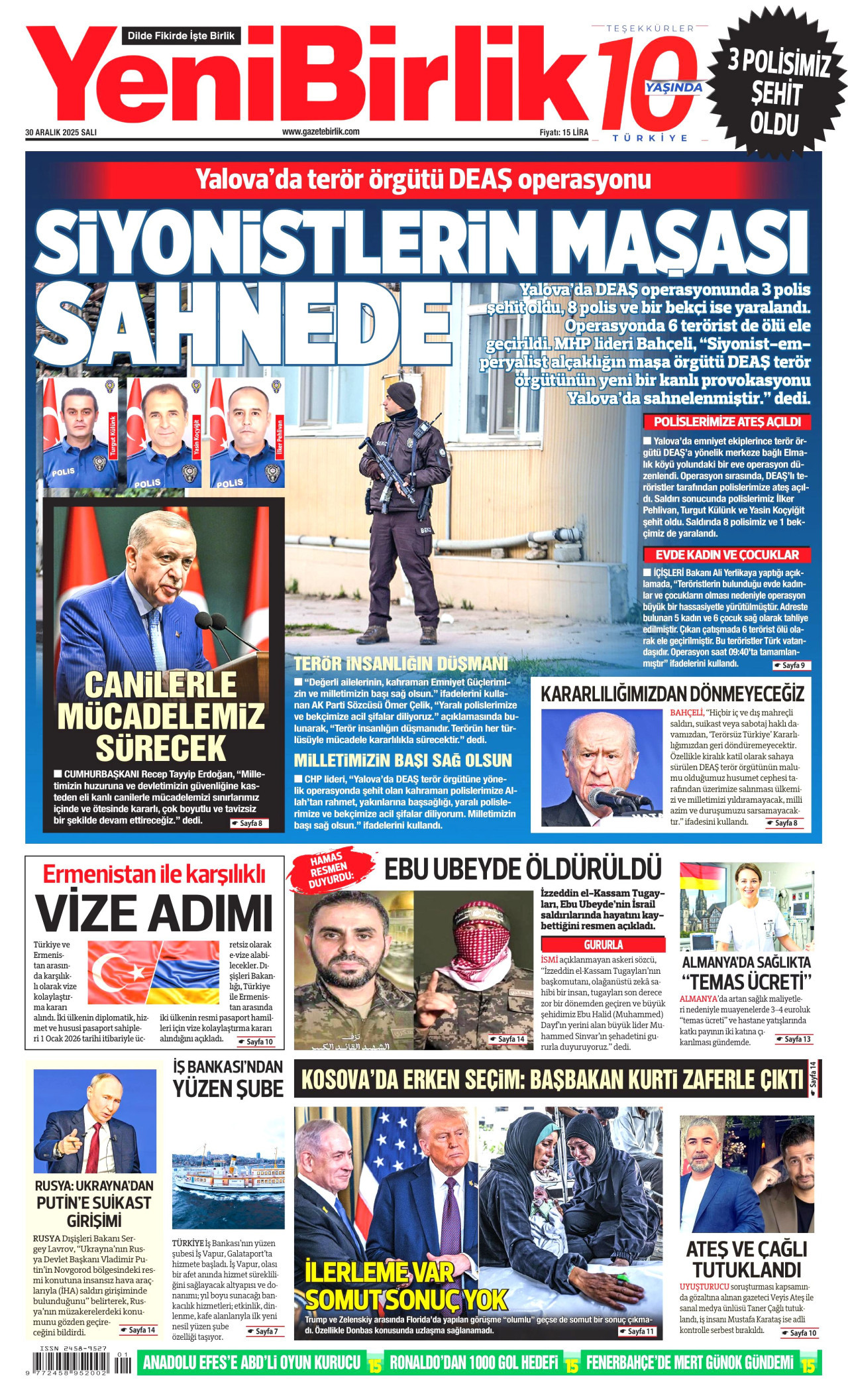 YENİBİRLİK gazetesinin 30 Aralık 2025 tarihli birinci sayfası