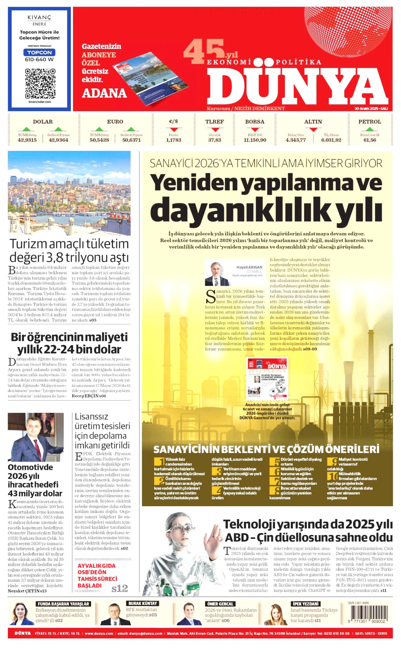 DÜNYA gazetesinin 30 Aralık 2025 tarihli birinci sayfası