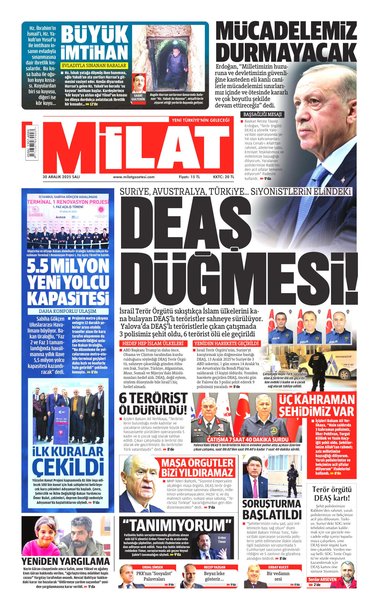 MİLAT gazetesinin 30 Aralık 2025 tarihli birinci sayfası