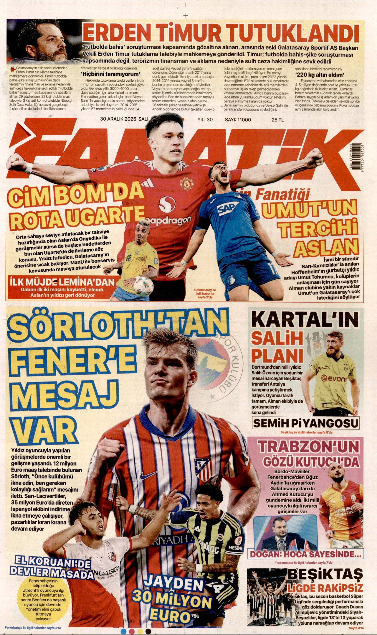 FANATİK gazetesinin 30 Aralık 2025 tarihli birinci sayfası