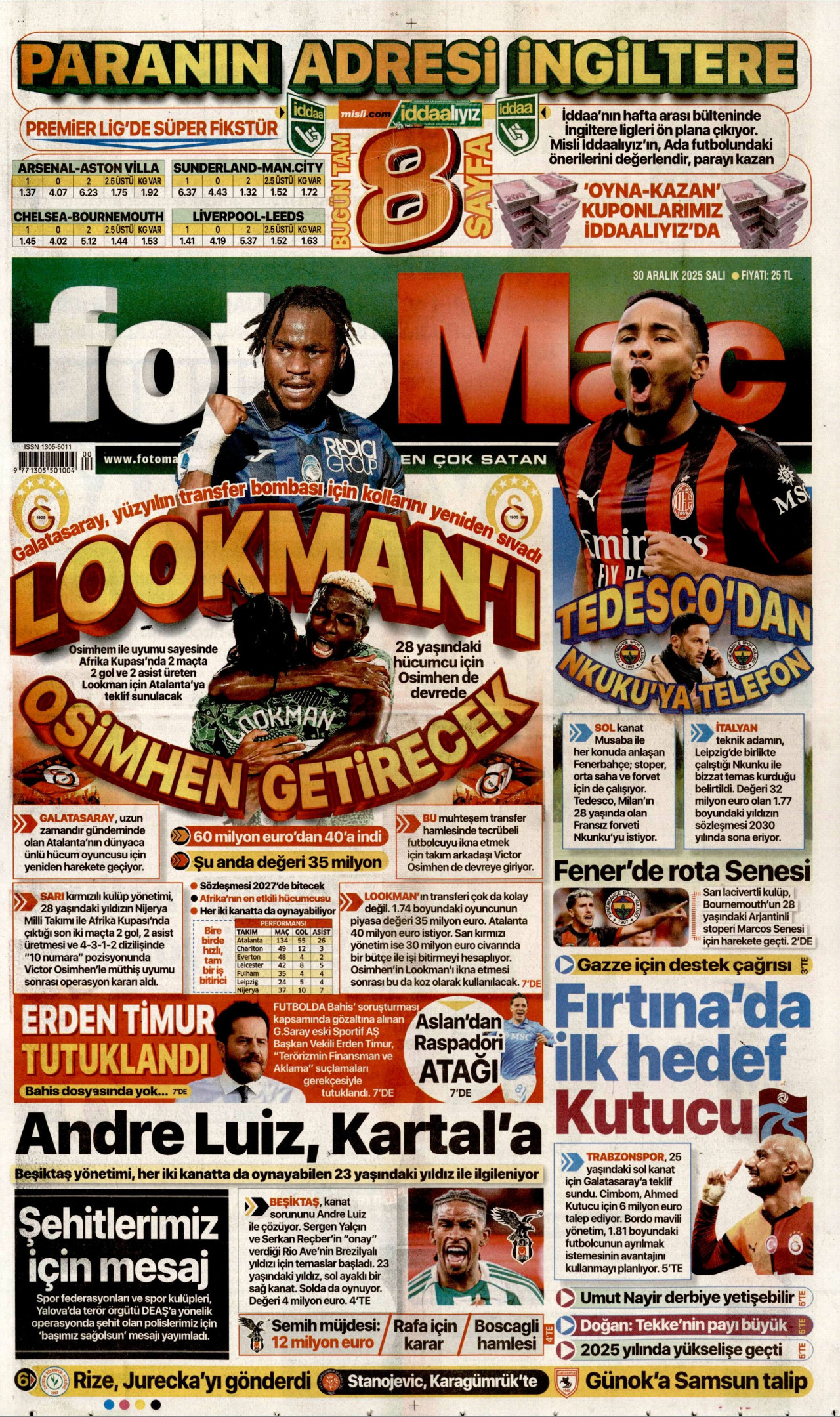 FOTOMAÇ gazetesinin 30 Aralık 2025 tarihli birinci sayfası