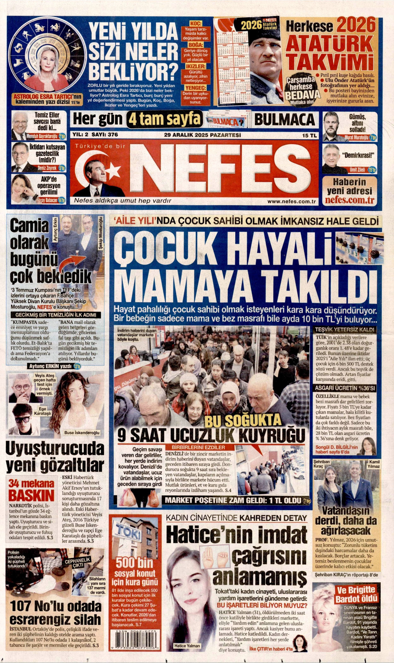 NEFES gazetesinin 29 Aralık 2025 tarihli birinci sayfası