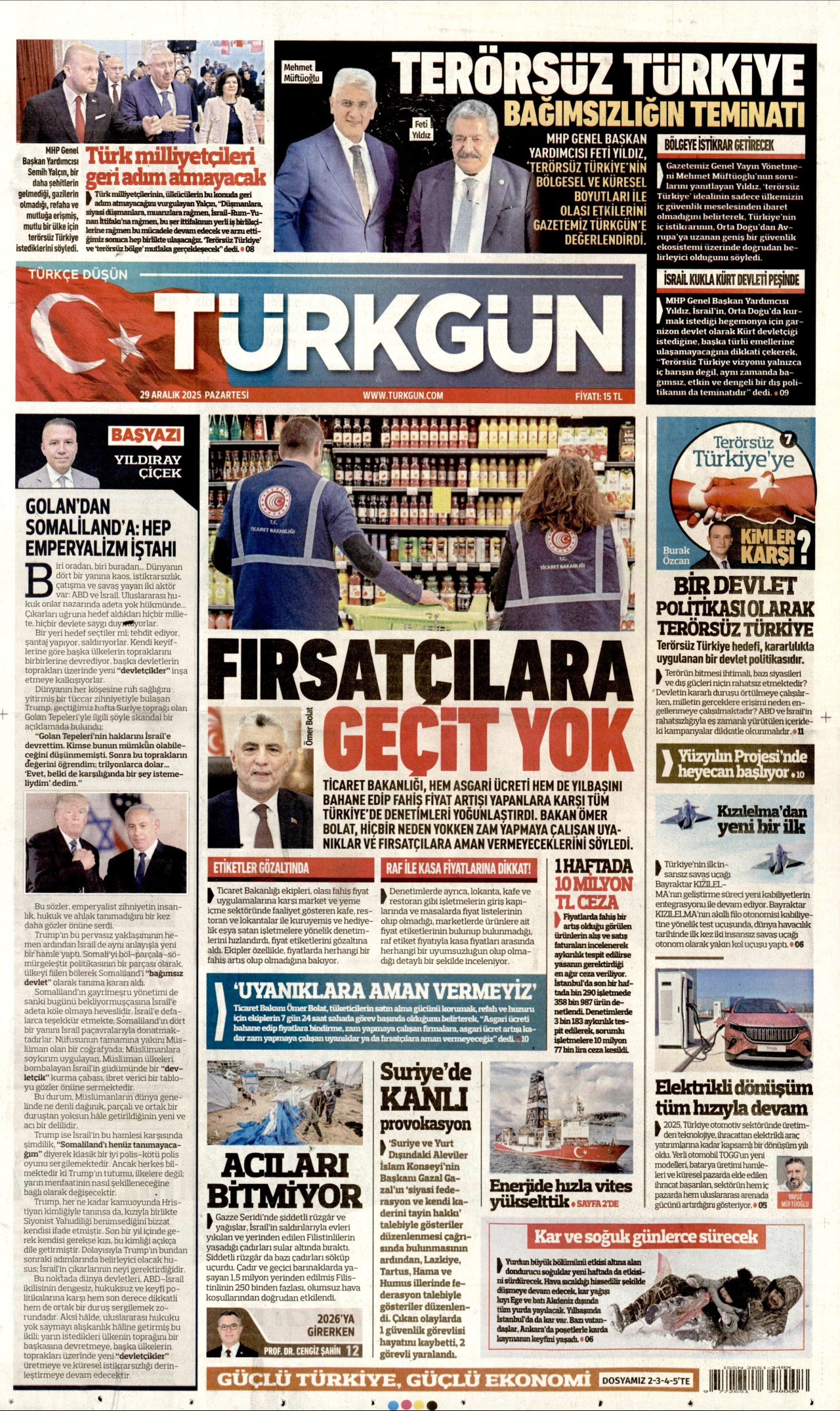 TÜRKGÜN gazetesinin 29 Aralık 2025 tarihli birinci sayfası