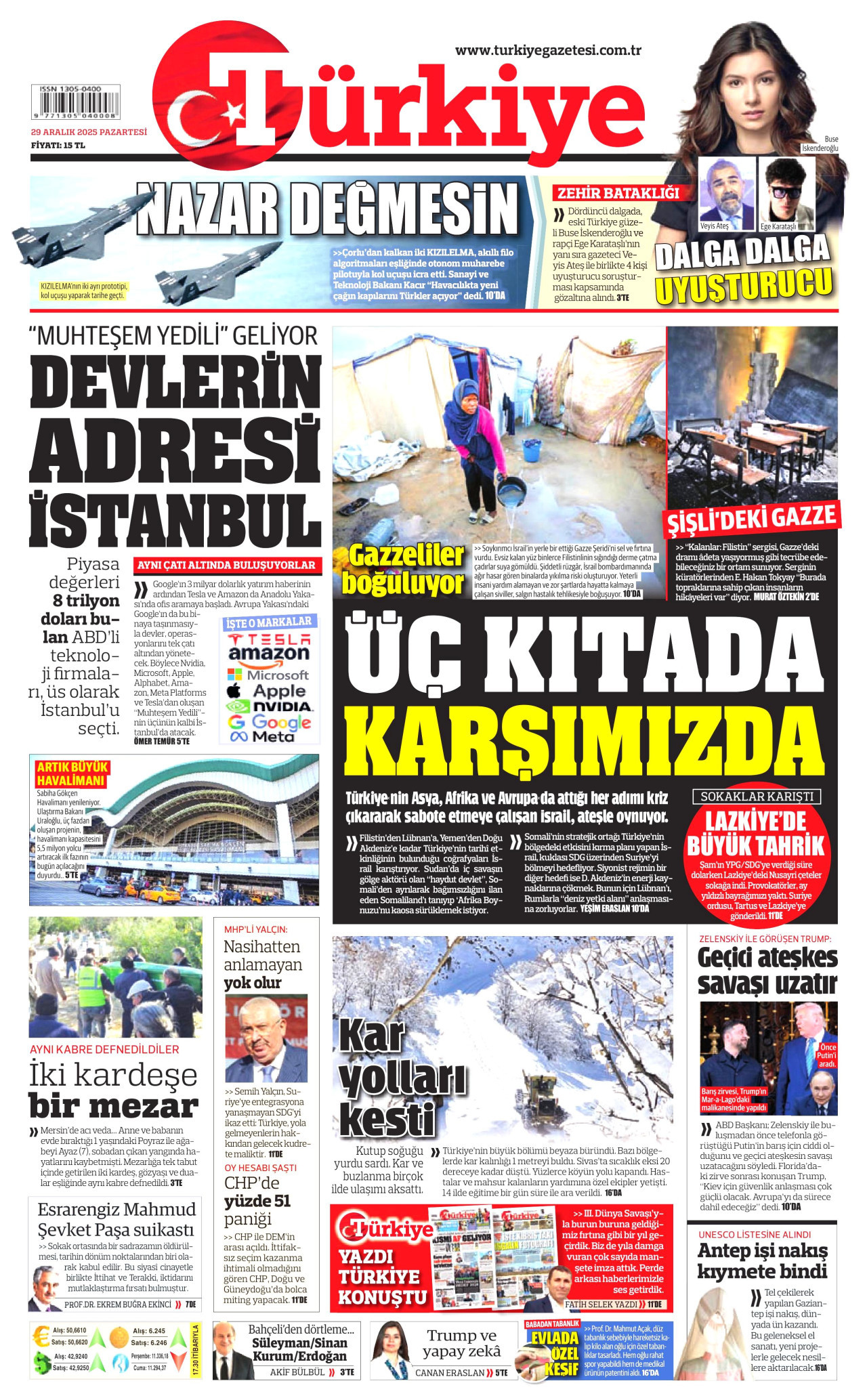 TÜRKİYE GAZETESİ gazetesinin 29 Aralık 2025 tarihli birinci sayfası