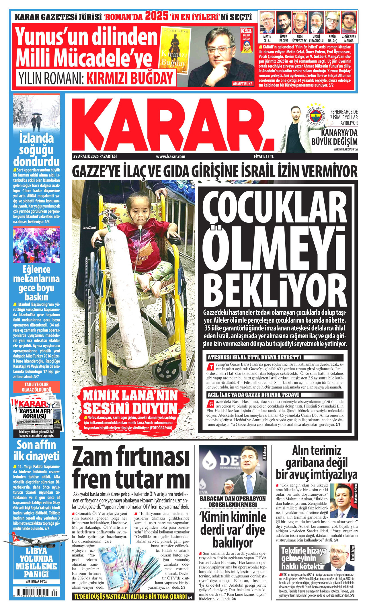 KARAR gazetesinin 29 Aralık 2025 tarihli birinci sayfası