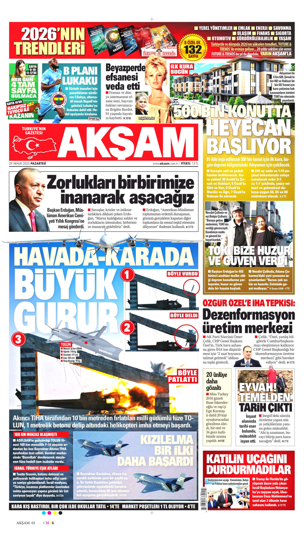AKŞAM gazetesinin 29 Aralık 2025 tarihli birinci sayfası
