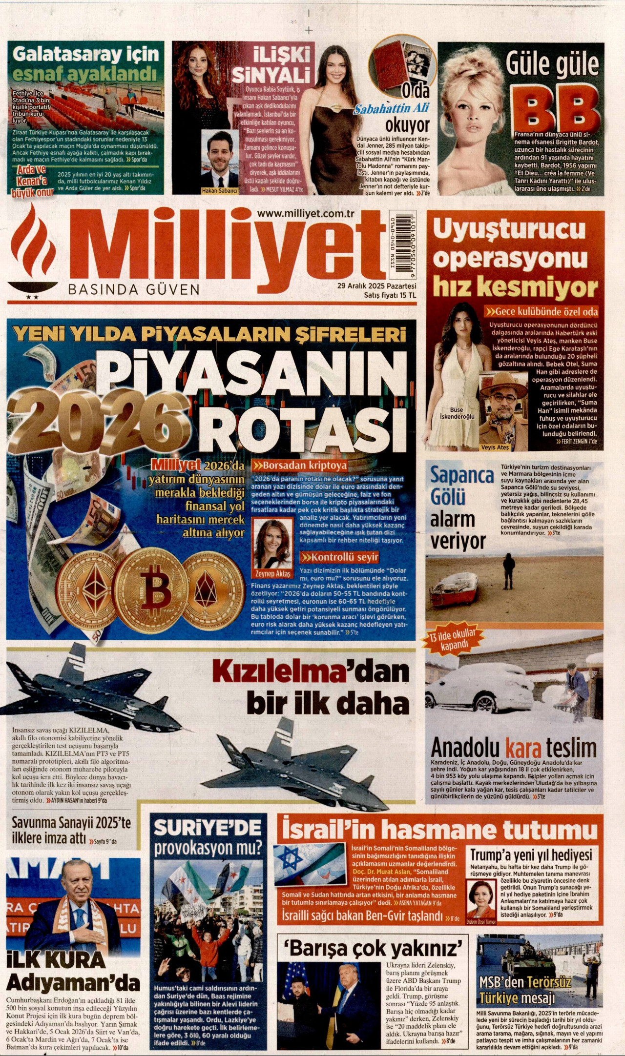 MİLLİYET gazetesinin 29 Aralık 2025 tarihli birinci sayfası