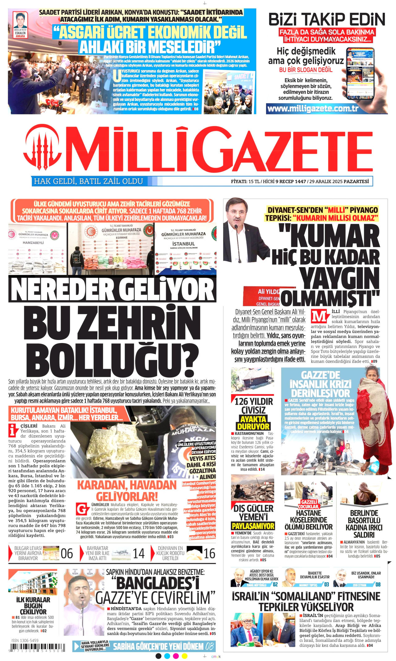 MİLLİ GAZETE gazetesinin 29 Aralık 2025 tarihli birinci sayfası
