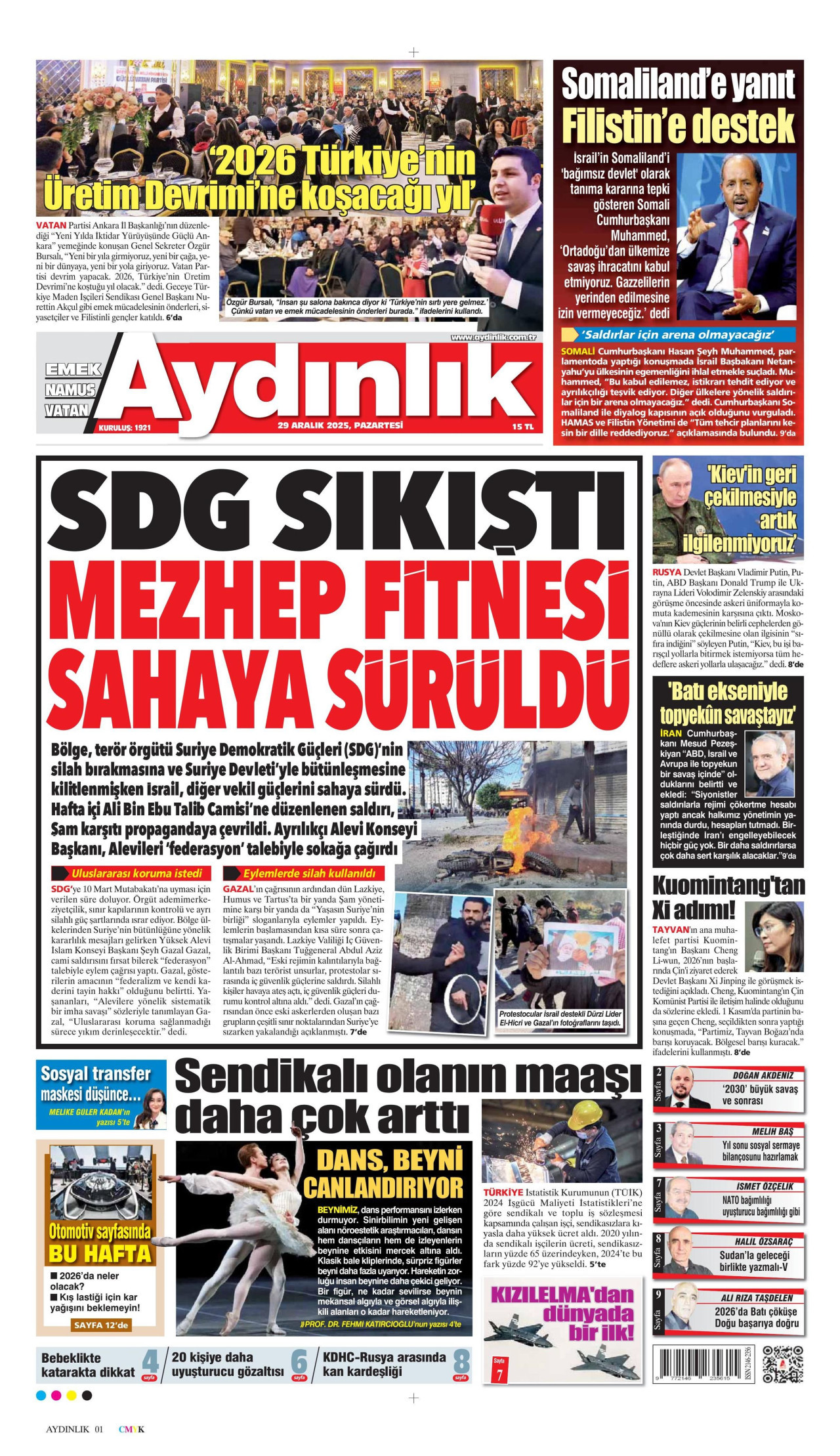 AYDINLIK GAZETESİ gazetesinin 29 Aralık 2025 tarihli birinci sayfası