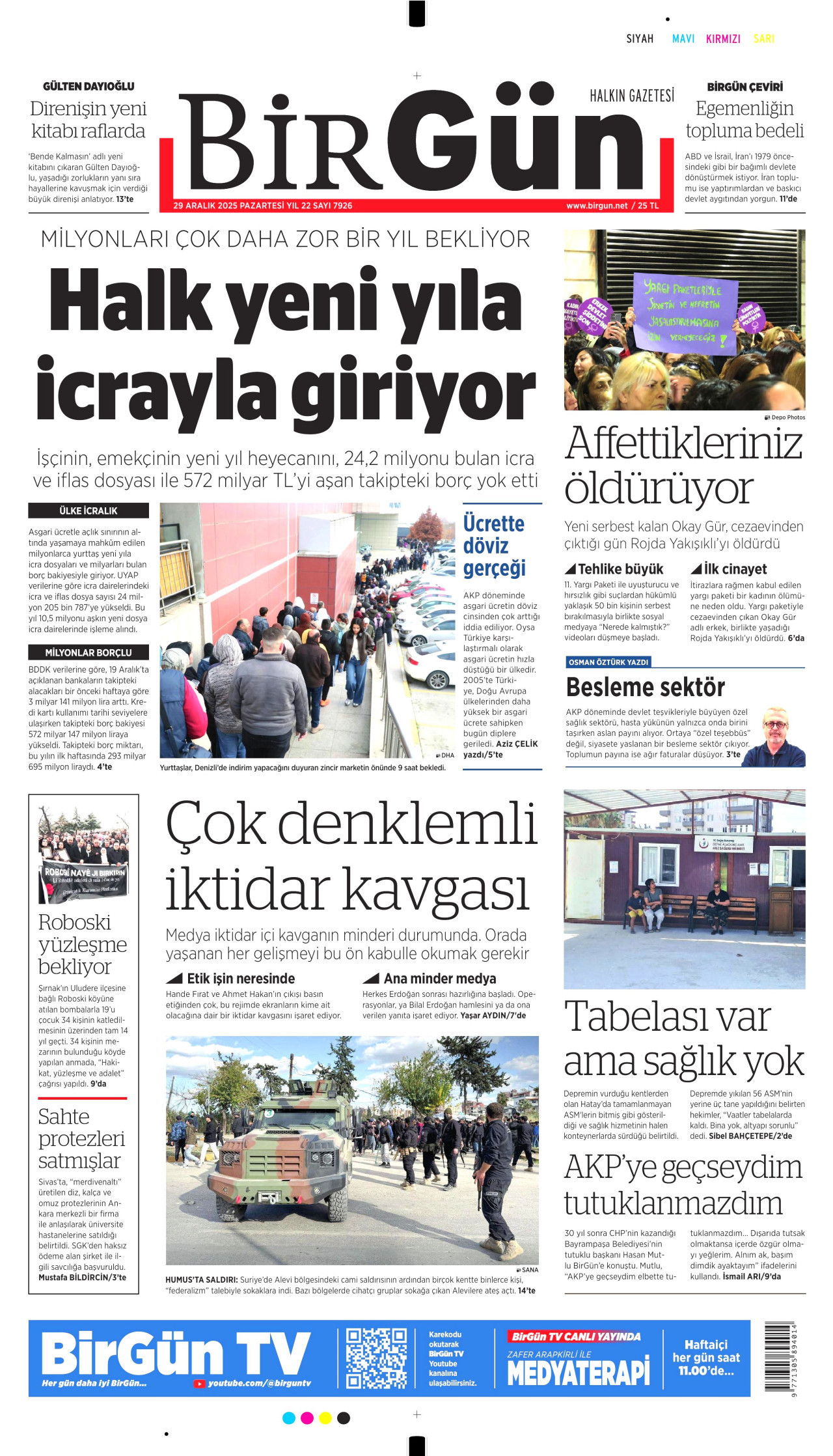 BİRGÜN gazetesinin 29 Aralık 2025 tarihli birinci sayfası