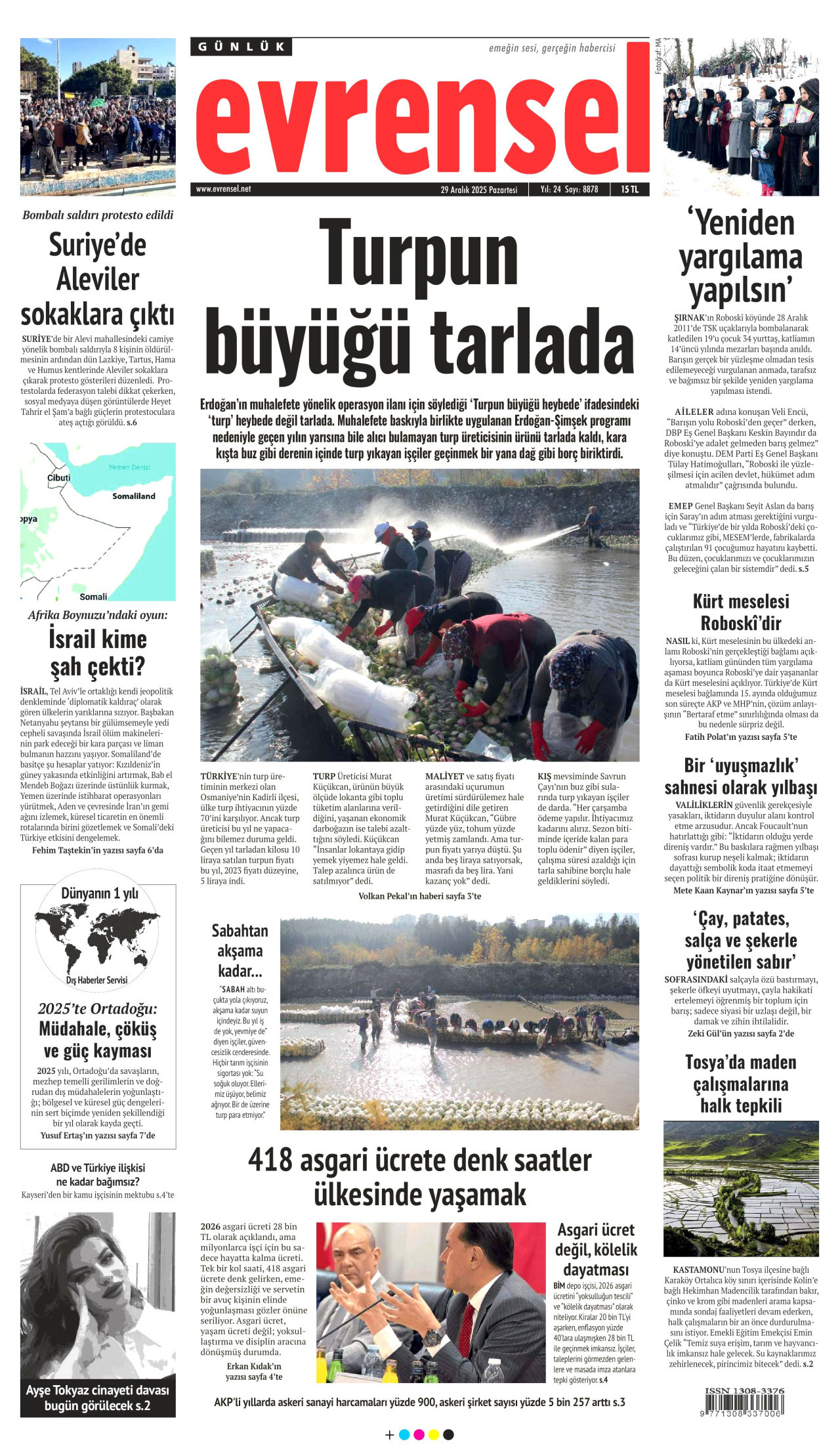 EVRENSEL gazetesinin 29 Aralık 2025 tarihli birinci sayfası