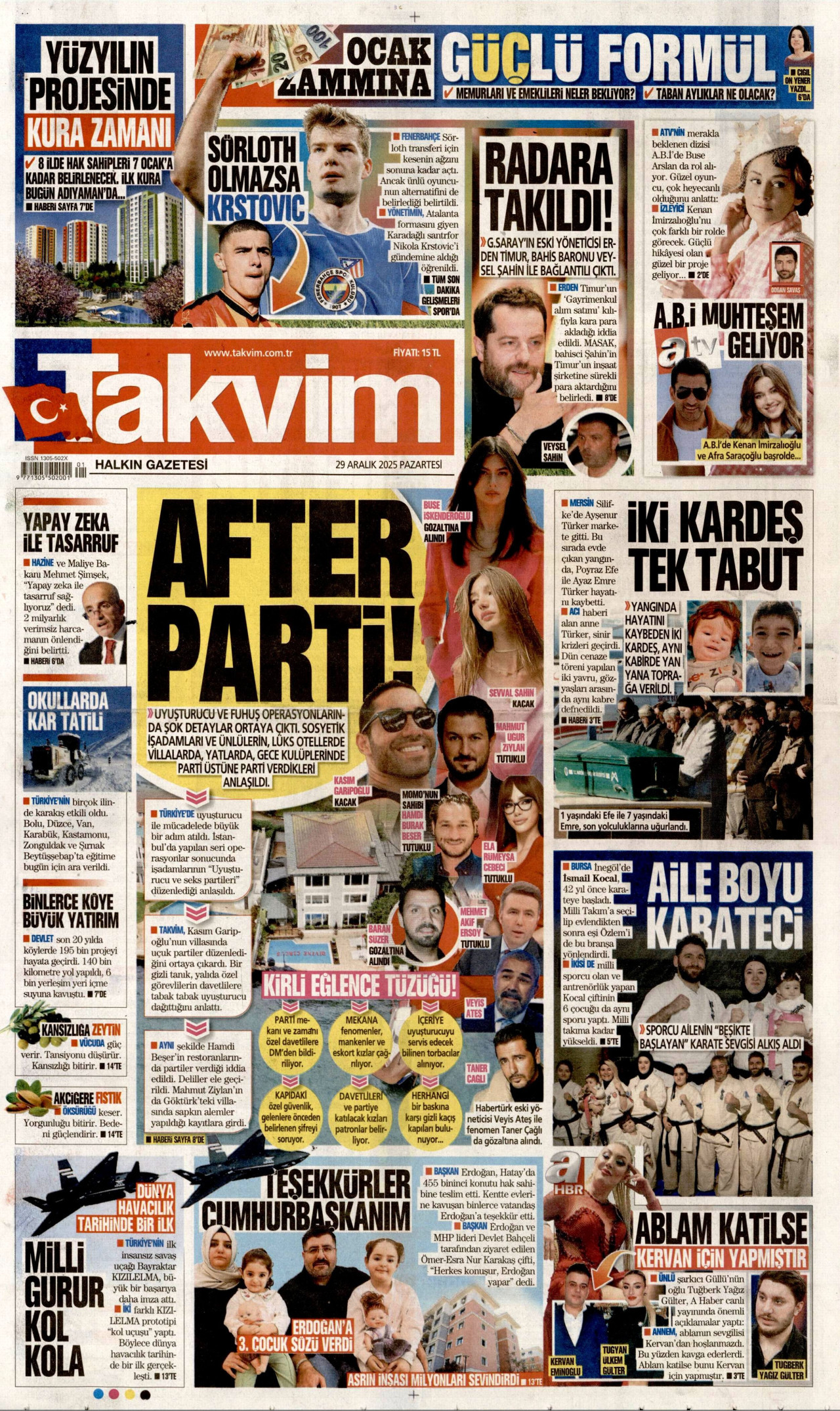 TAKVİM gazetesinin 29 Aralık 2025 tarihli birinci sayfası