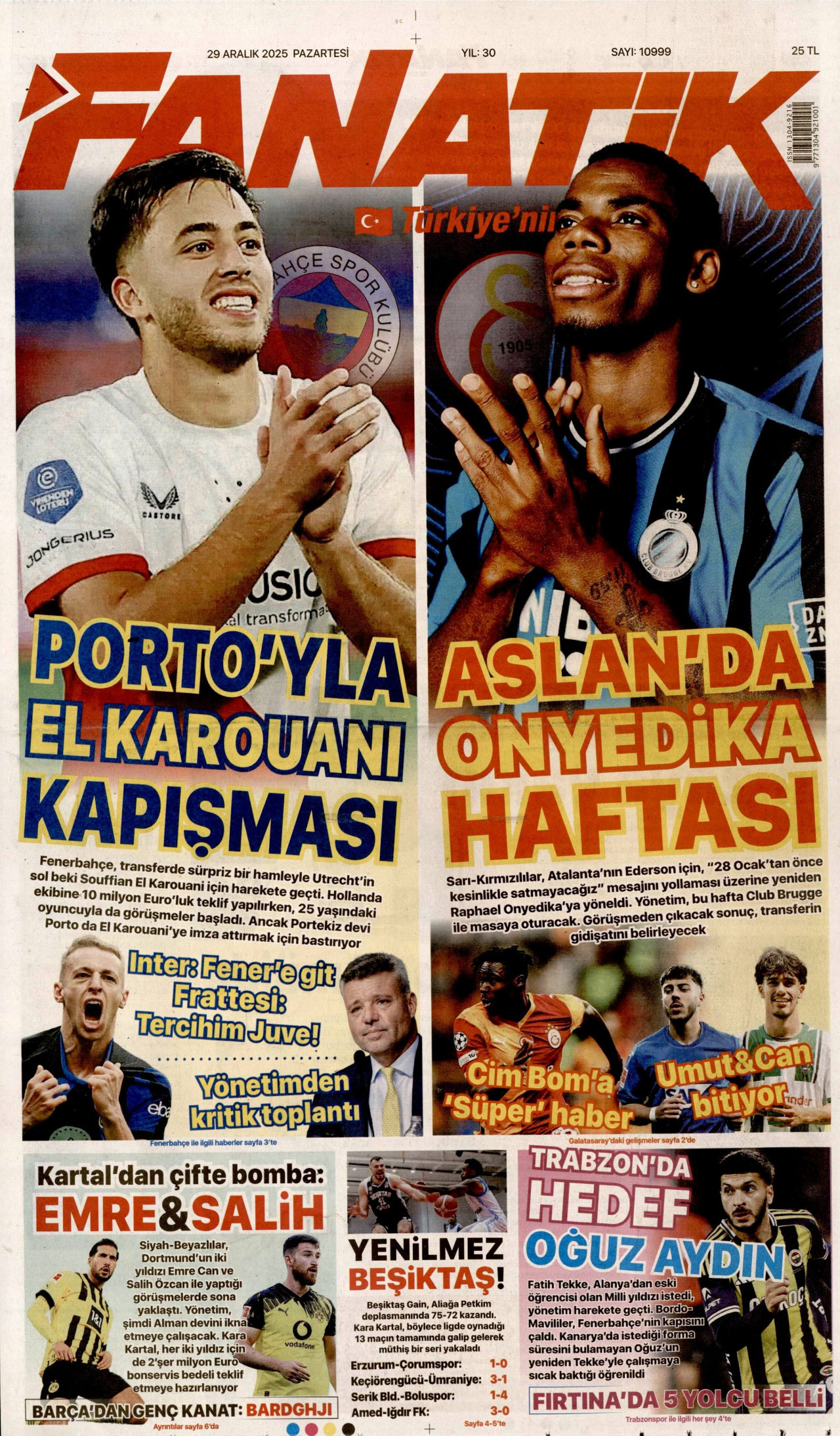 FANATİK gazetesinin 29 Aralık 2025 tarihli birinci sayfası