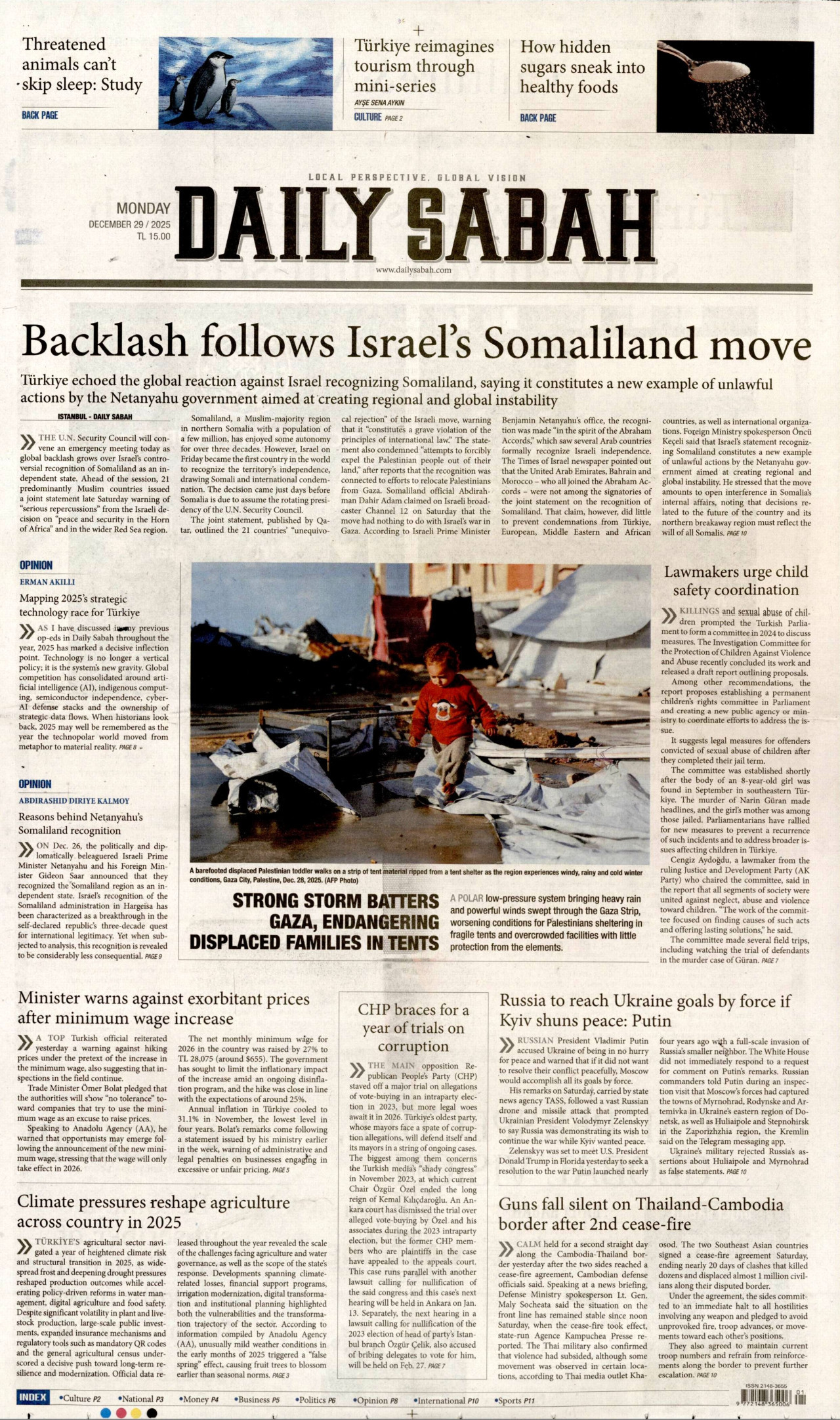 DAİLY SABAH gazetesinin 29 Aralık 2025 tarihli birinci sayfası