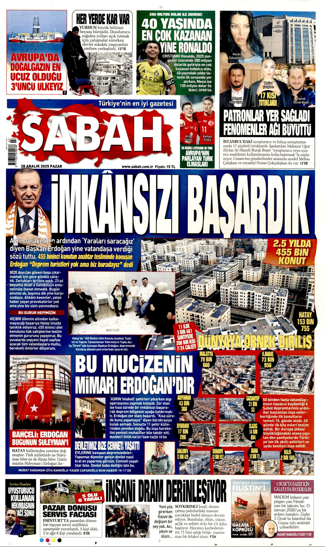 SABAH gazetesinin 28 Aralık 2025 tarihli birinci sayfası