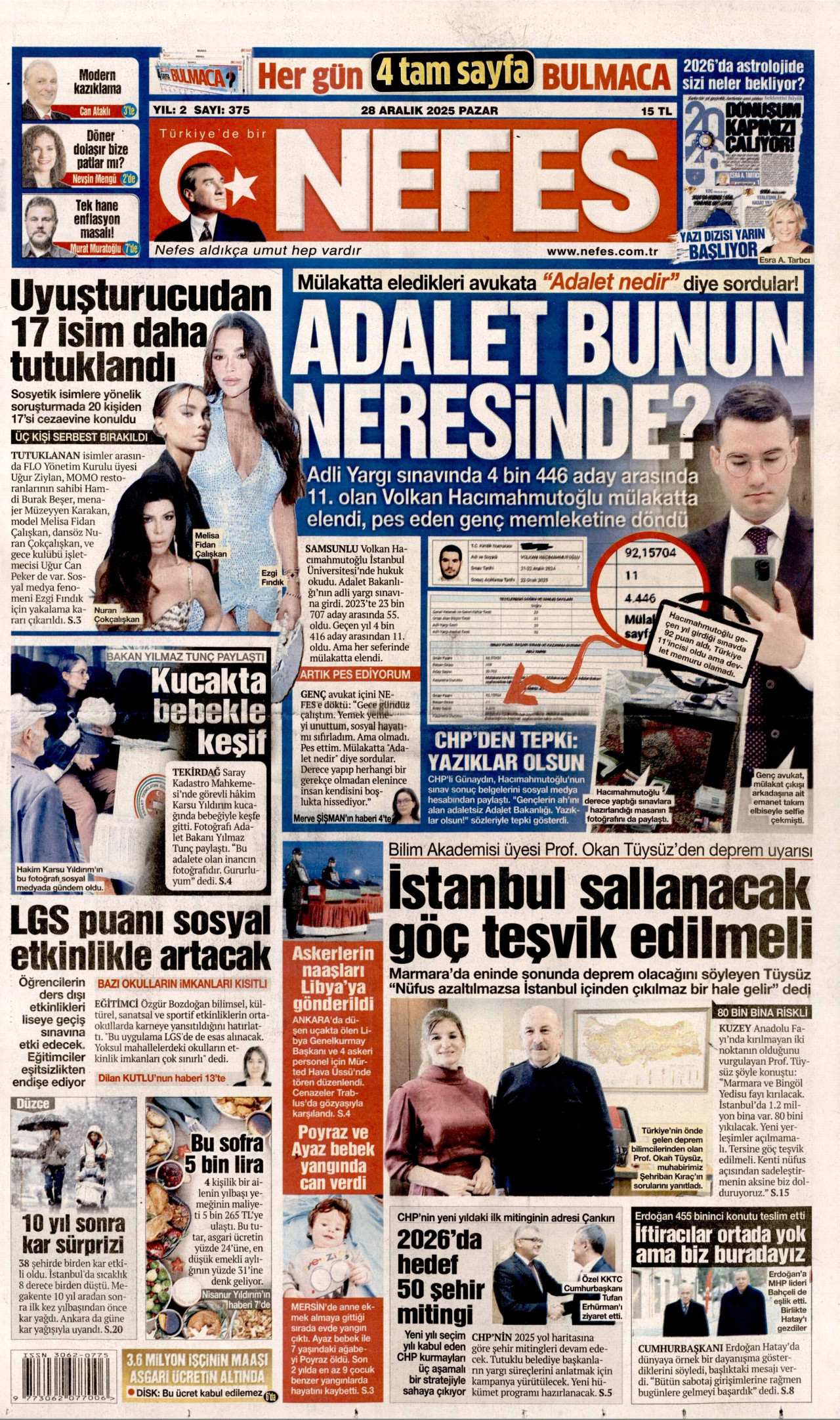 NEFES gazetesinin 28 Aralık 2025 tarihli birinci sayfası