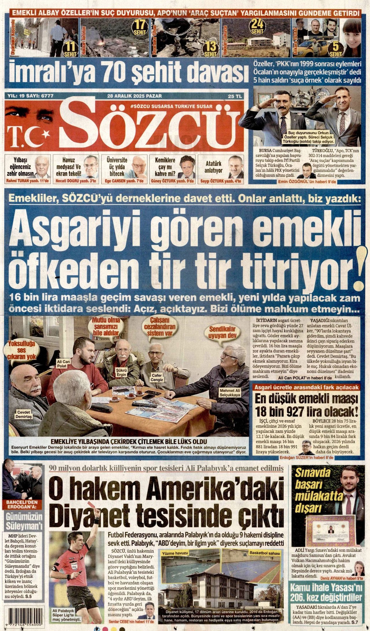 SÖZCÜ gazetesinin 28 Aralık 2025 tarihli birinci sayfası