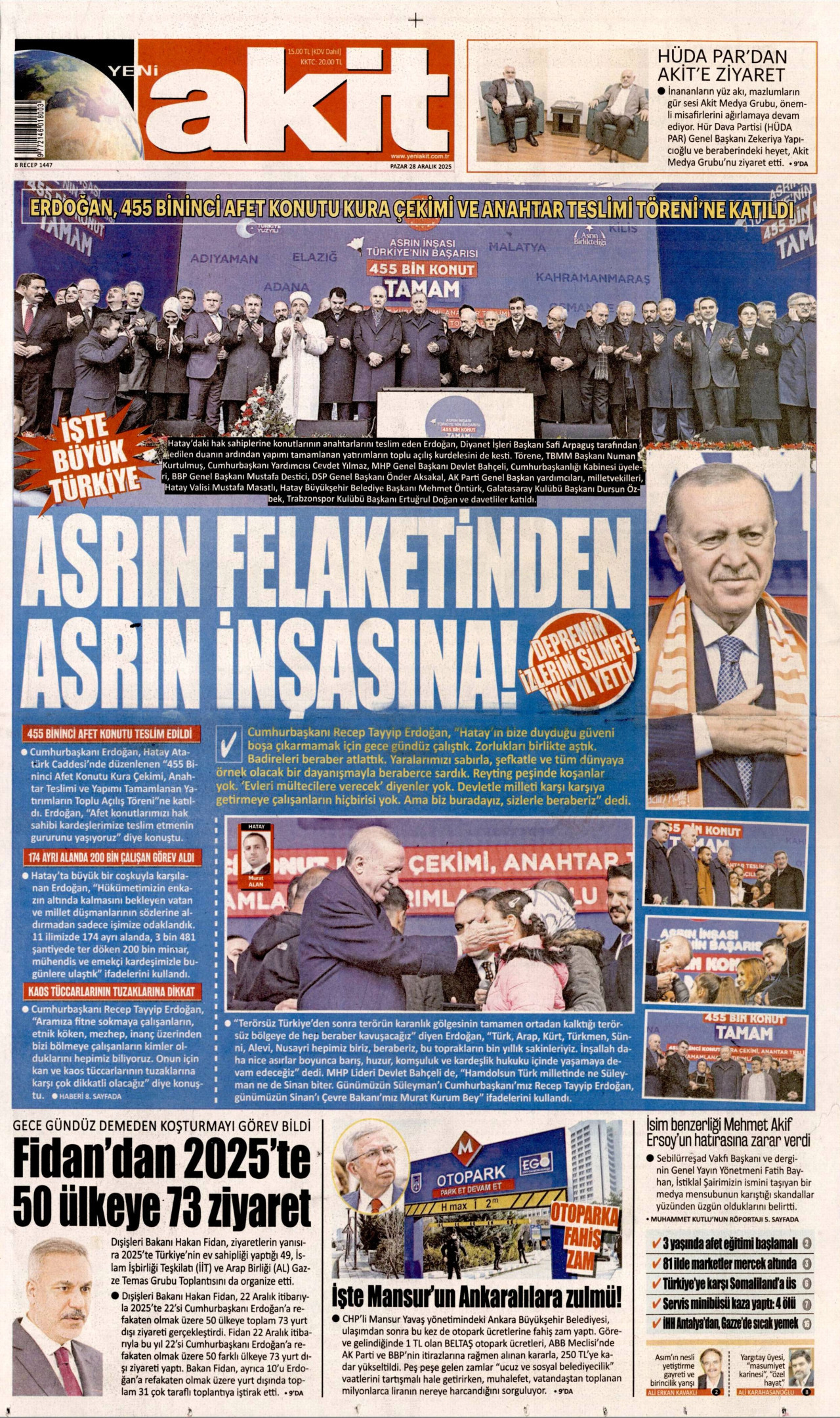 YENİ AKİT gazetesinin 28 Aralık 2025 tarihli birinci sayfası