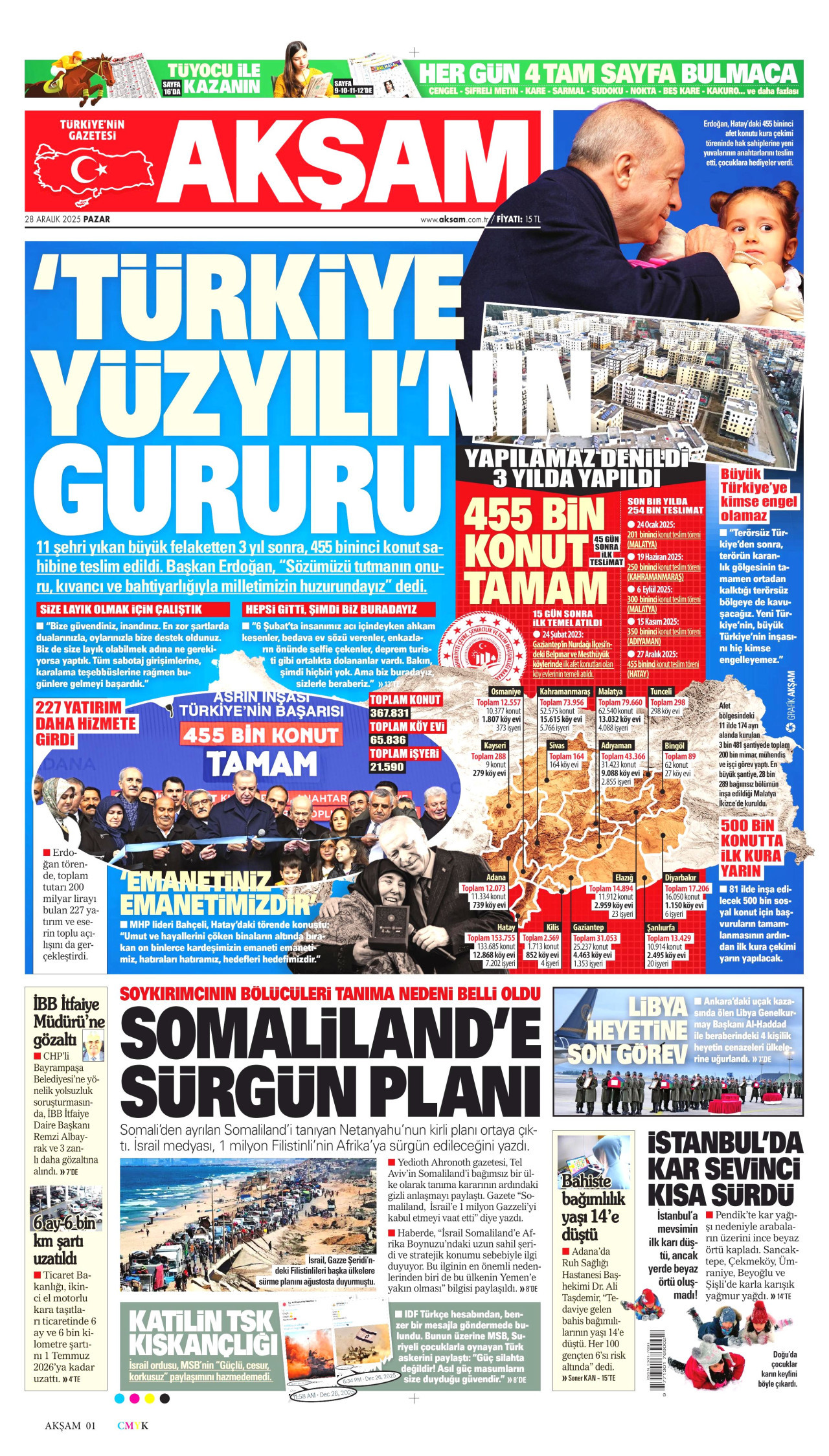 AKŞAM gazetesinin 28 Aralık 2025 tarihli birinci sayfası