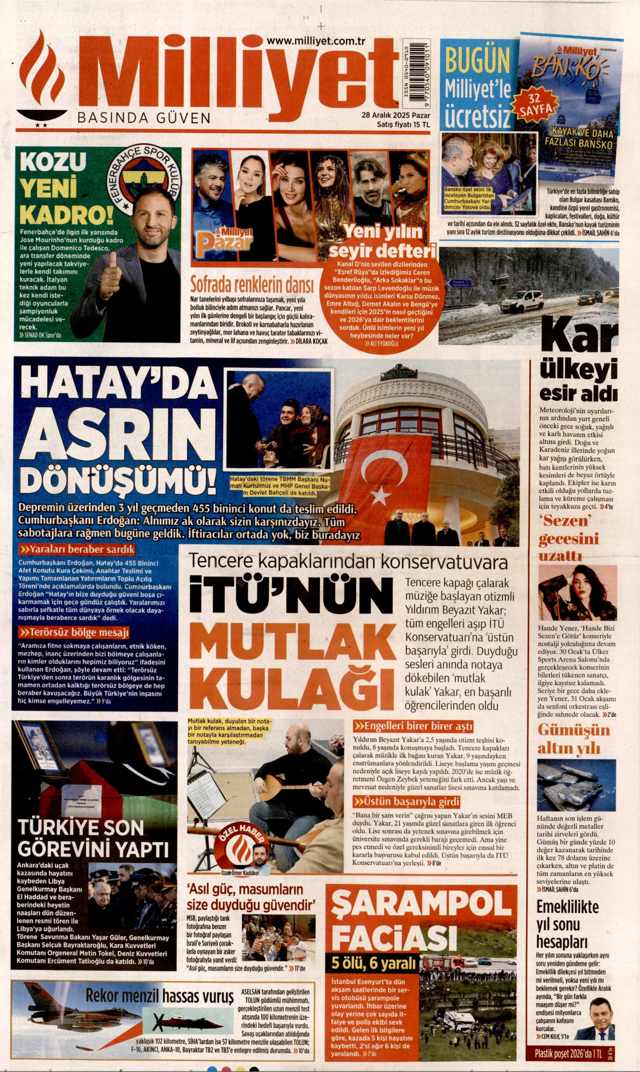 MİLLİYET gazetesinin 28 Aralık 2025 tarihli birinci sayfası
