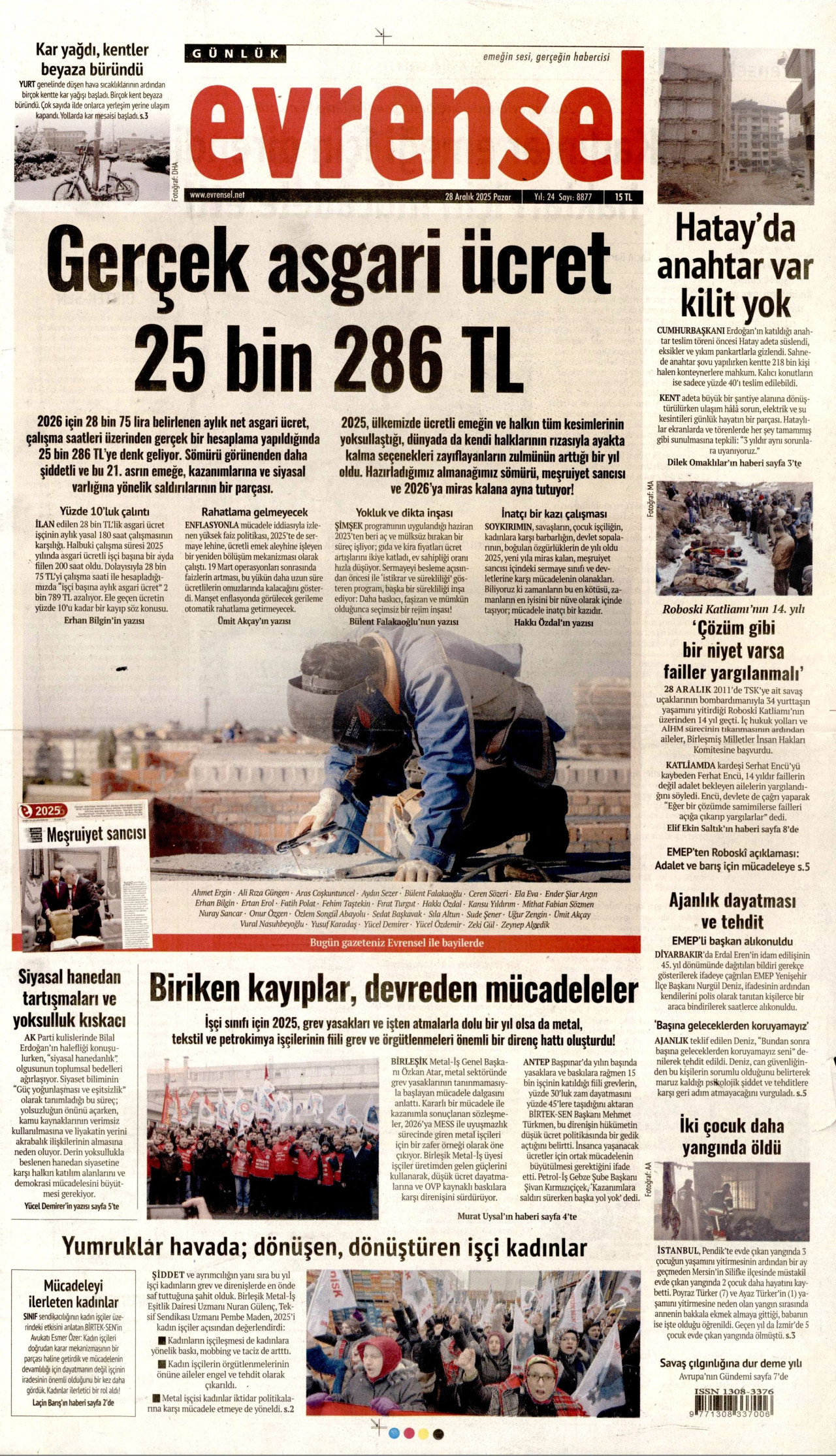EVRENSEL gazetesinin 28 Aralık 2025 tarihli birinci sayfası